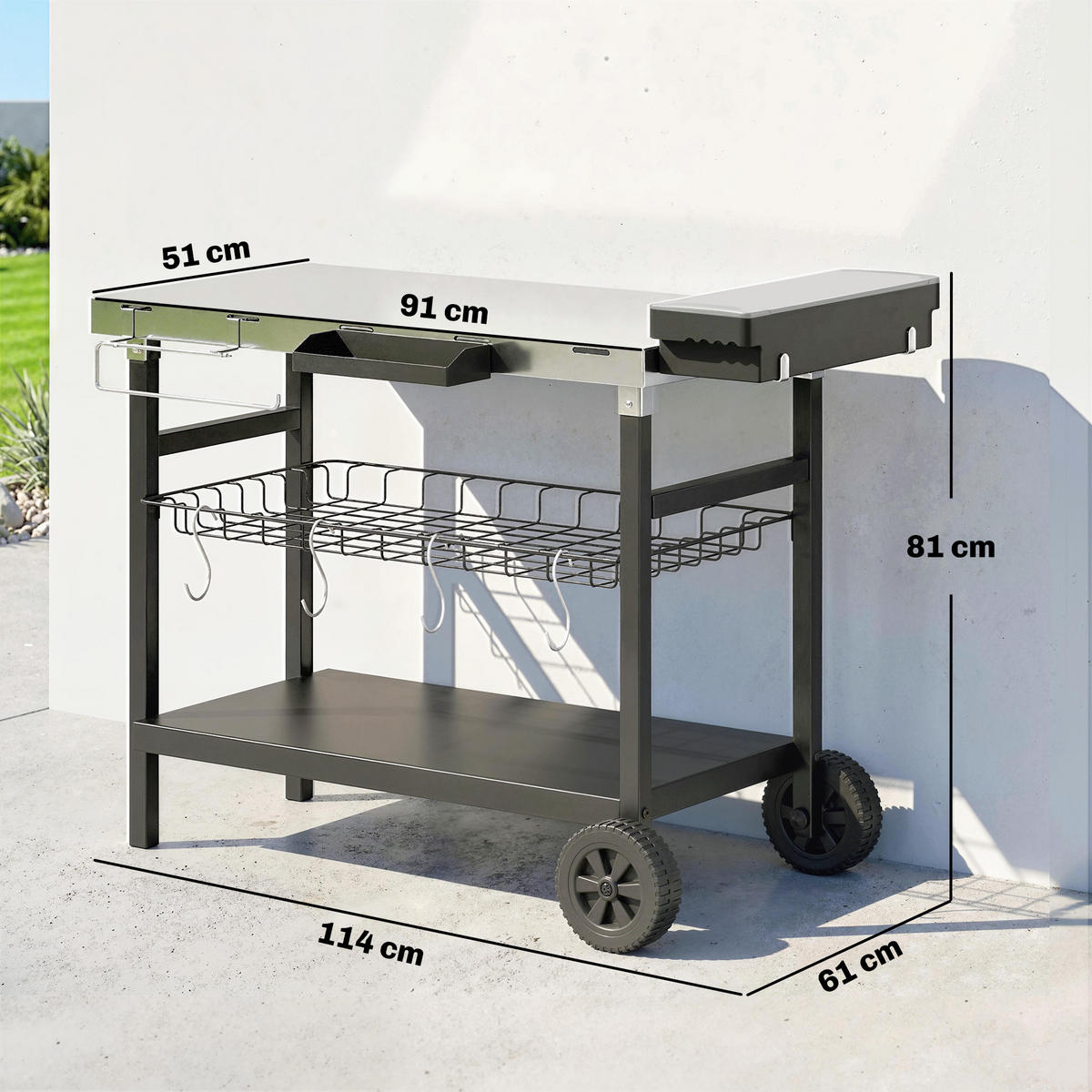 GRILLWAGEN DE-13863 mit 3 Ebenen, Edelstahl-Arbeitsplatte Schwarz - Schwarz, Metall (61/81/114cm) - ComfortXL