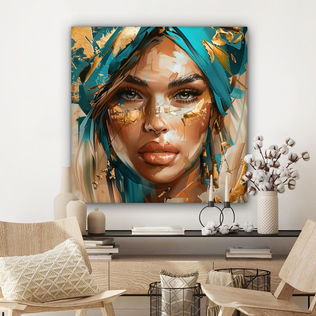 LEINWANDBILD - Frau - Porträt - Gold - Luxus - Blau - 90x90 - Gemälde - Türkis, Textil (90/90cm) - MuchoWow