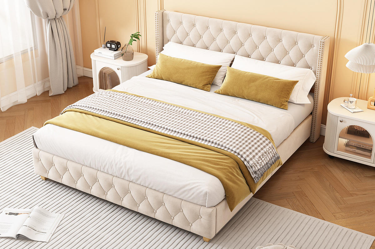 POLSTERBETT 180/200 cm aus Samt in Hellbeige mit Knopfheftung - Beige, Textil (180/200cm) - Flora Grace