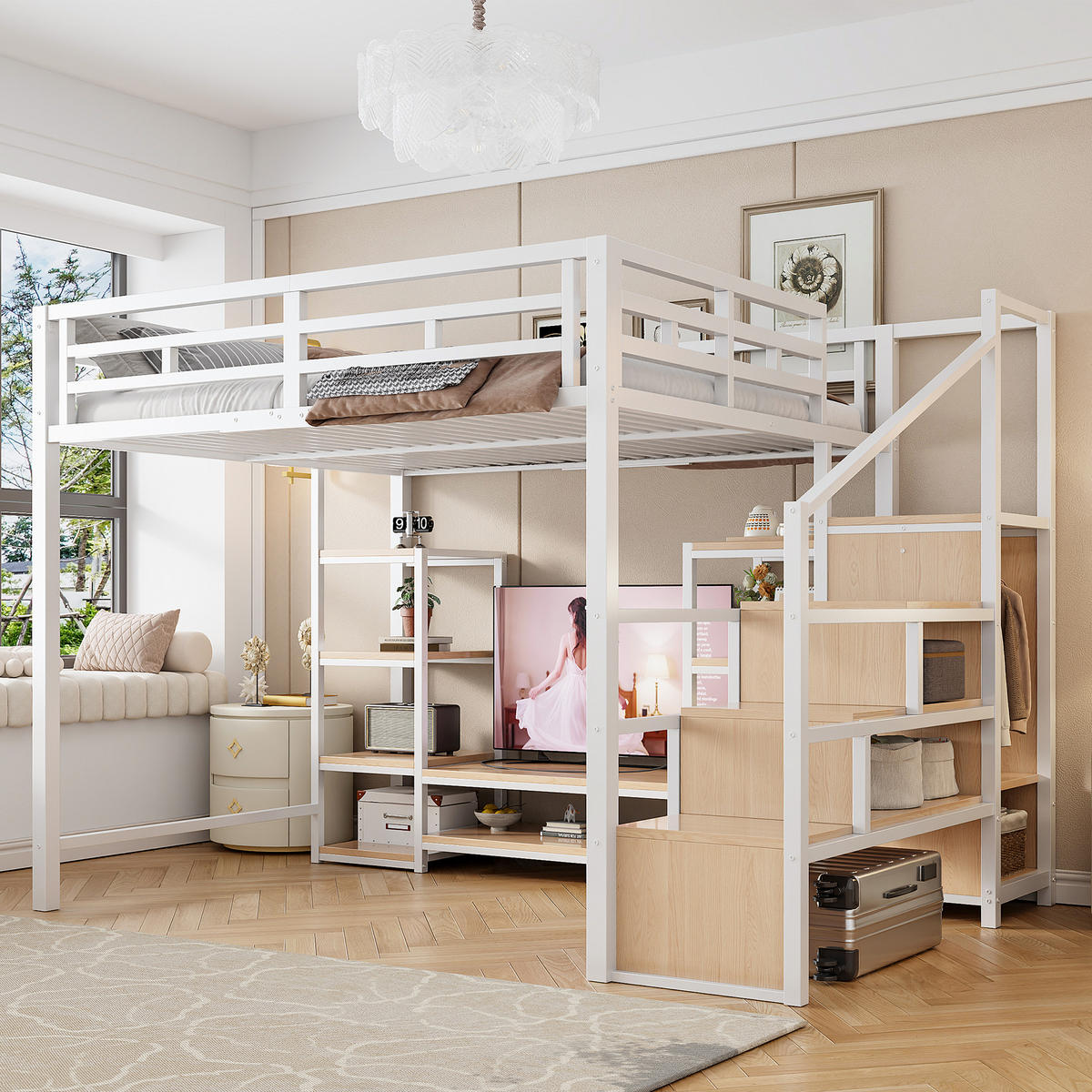 HOCHBETT 140/200 cm DE-01466, in Weiß, mit TV-Ständer, Steckdose und Sicherheitsleiter - Weiß/Naturfarben, Metall (140/200cm) - ComfortXL