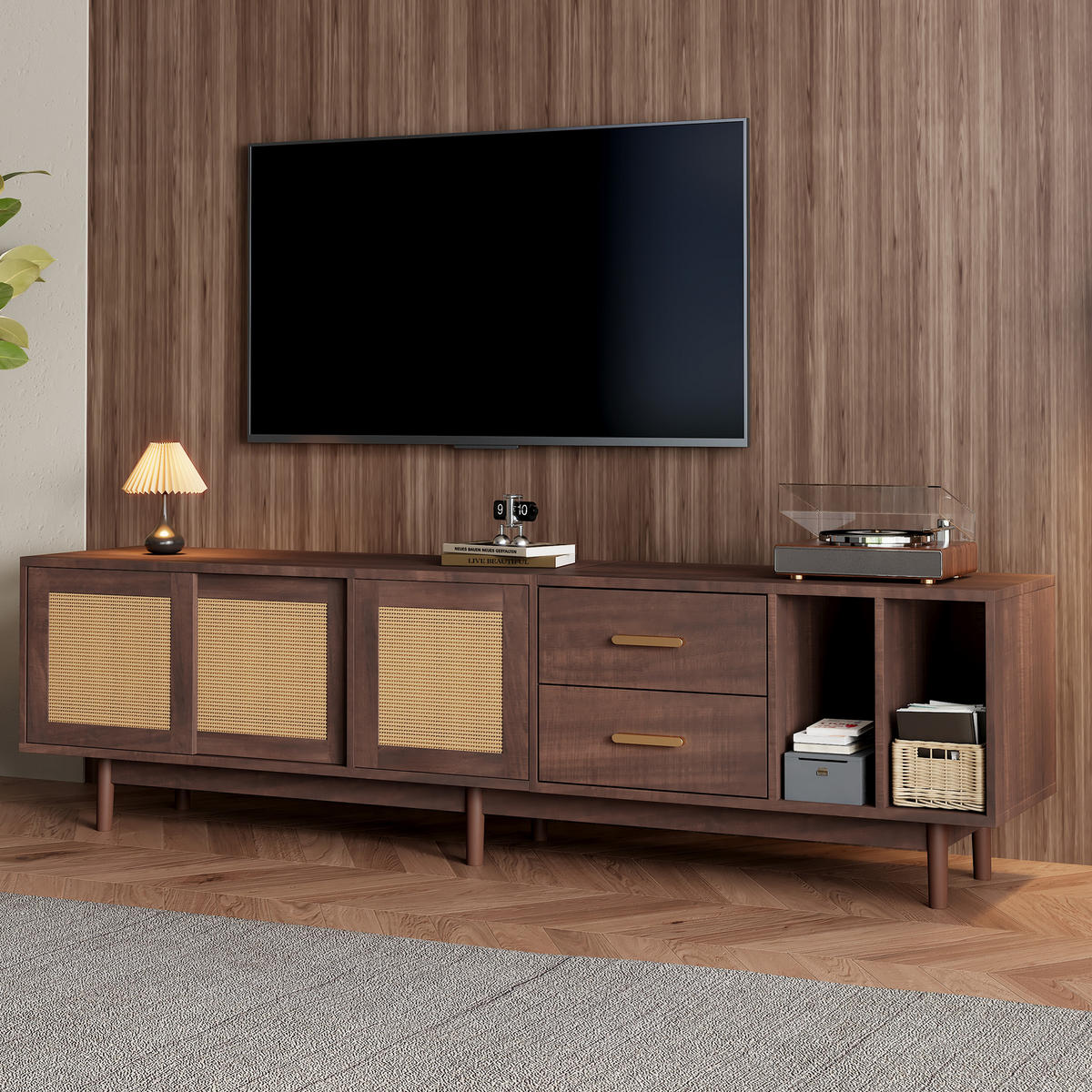 TV-RACK 190x40x52cm Braun Rattan-Optik Lowboard für 75-Zoll-Fernseher - Braun, Holz (48.5/13.5/122.2cm) - Raelunyi