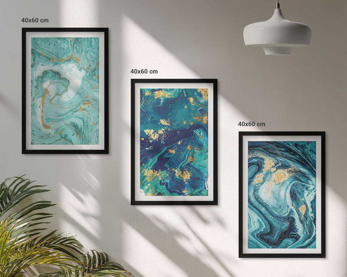 BILDER SET 3er Set - 40x60 cm Schwarzer Rahmen - Abstraktion von Türkisfarbe - Schwarz, Kunststoff (40/60cm) - TULUP