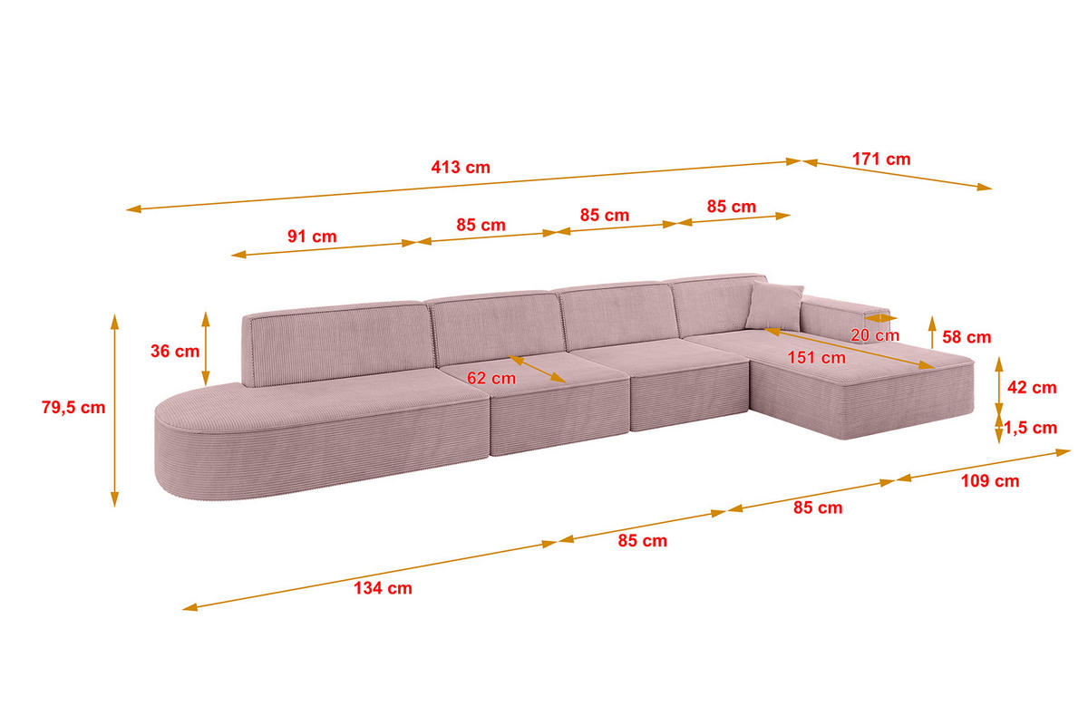 ECKSOFA Ottomane Rechts IREA-L3-v4 - 413x171x79 cm Rosa - Rosa, Holzwerkstoff/Textil (171/413cm) - ALTDECOR
