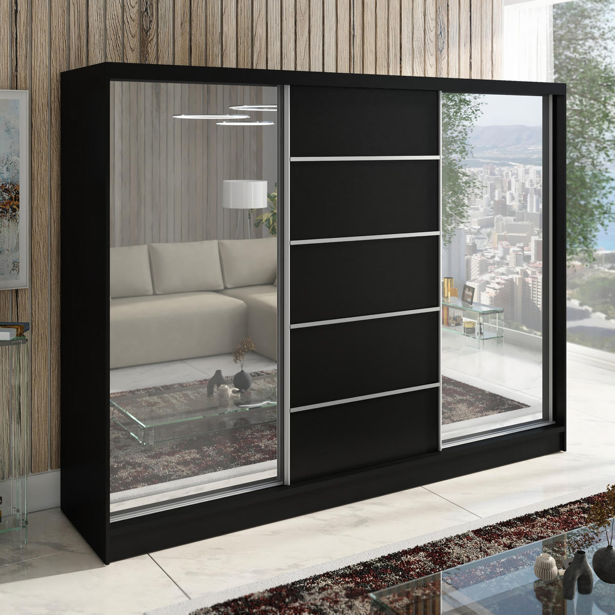 SCHWEBETÜRENSCHRANK 200 CM TOP Farbe: Schwarz - Schwarz, Holzwerkstoff (200/215/60cm) - A&J MöbelLand