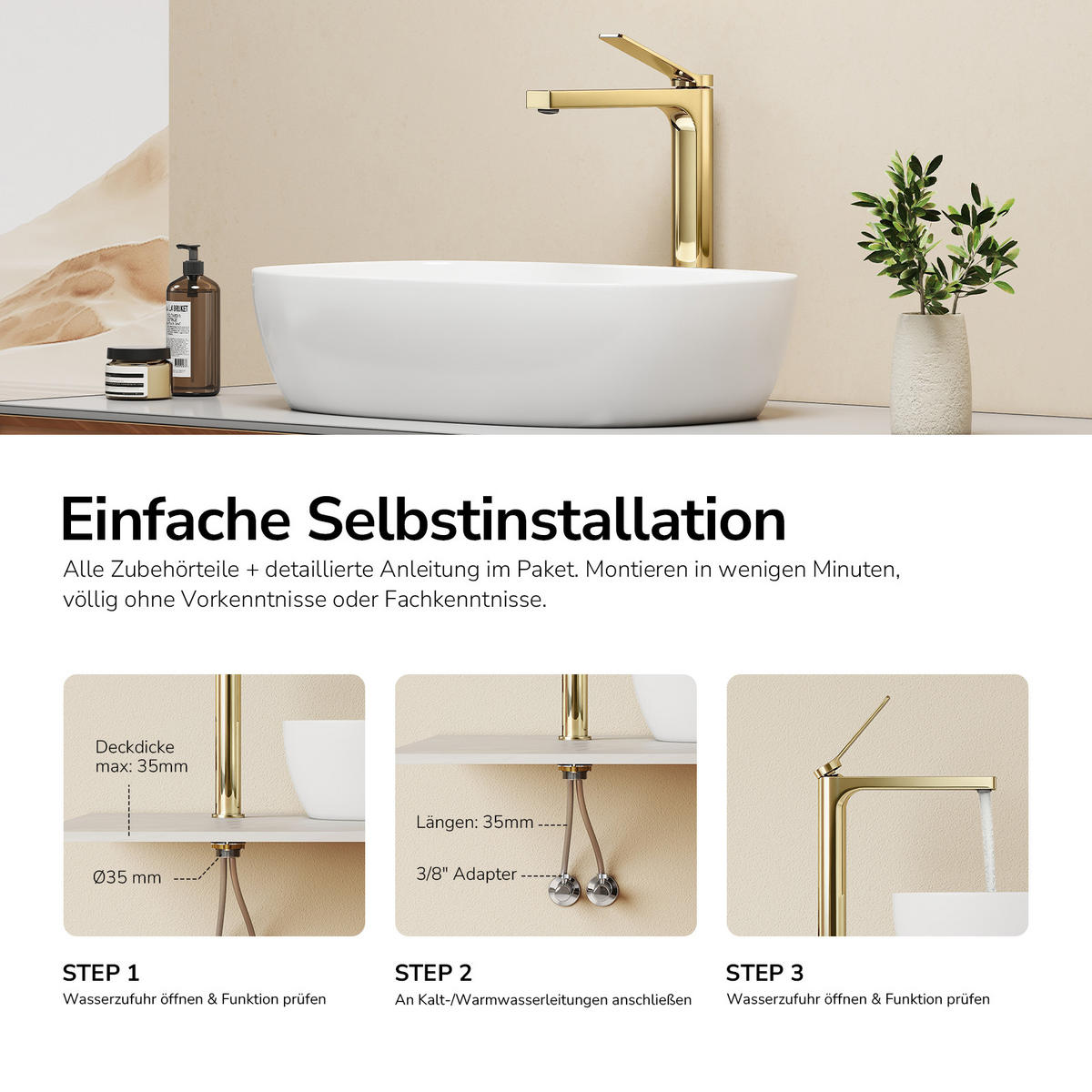 WASCHTISCHARMATUR mit Zertifiziertem Filterelement Champagnergold Hoher Stil - Goldfarben, Metall (23.3/4.6/33.5cm) - EMKE