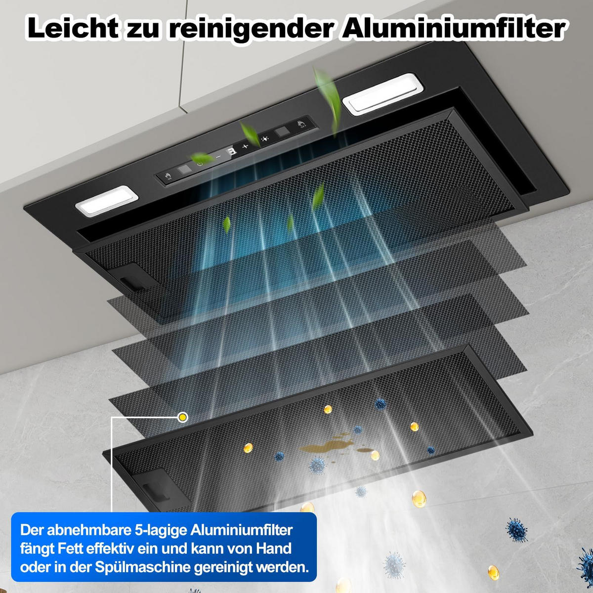 DUNSTABZUGSHAUBE Schwarz mit Touch-Bedienung, Aktivkohlefilter, Filter - Silberfarben, Metall (36.01/39.01/63.52cm) - Korfee