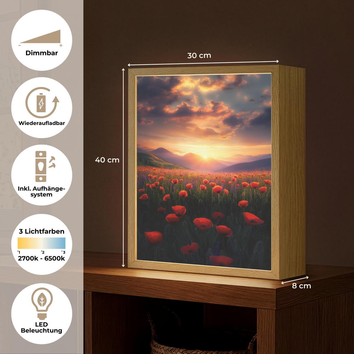 WANDLEUCHTE MIT AKKU Landschaft - Sonnenuntergang - Blumenfeld 30x40 cm - Rot, Holzwerkstoff (30/40/8cm) - OnlyWow