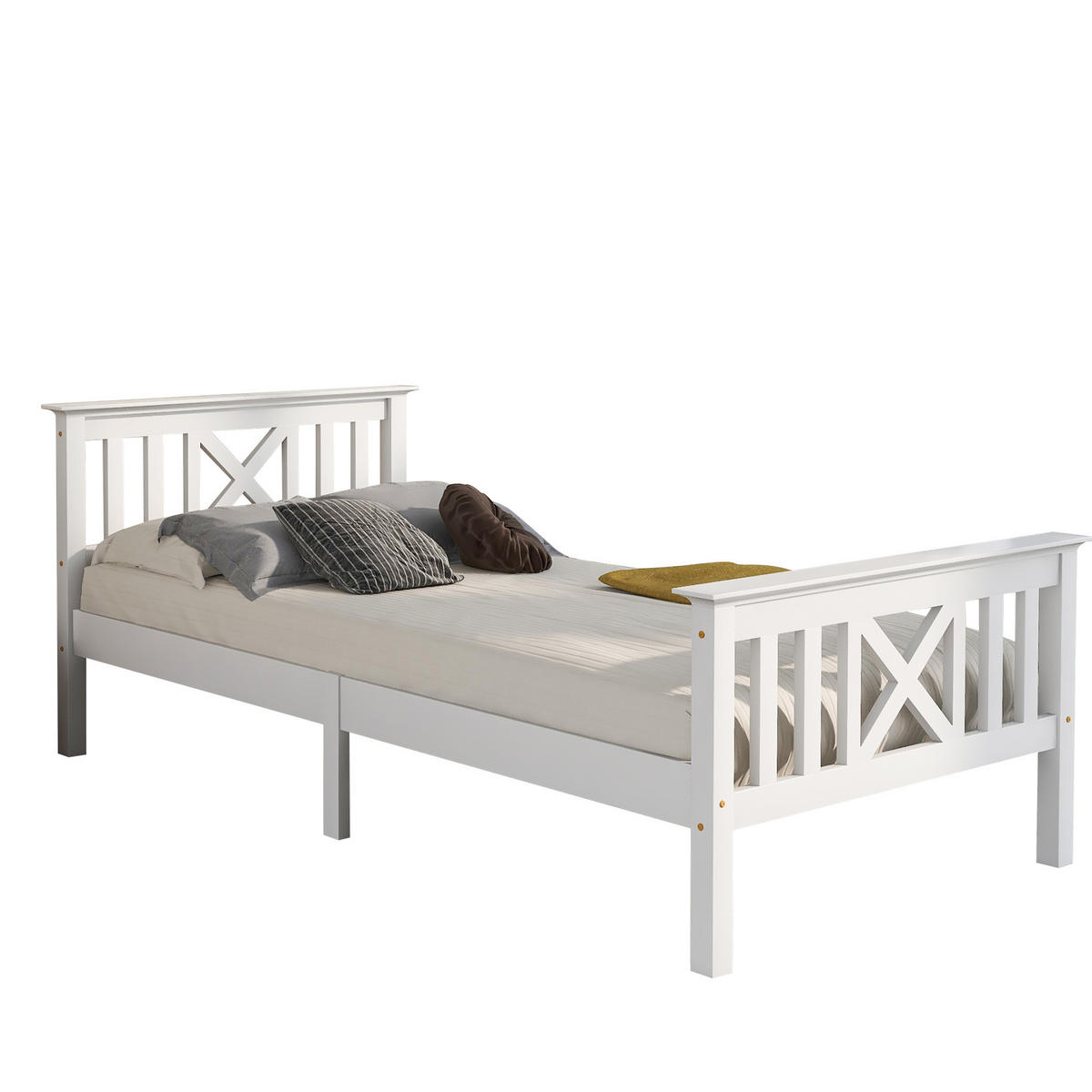 HOLZBETT 90/200 cm aus Massivholz mit X-förmigem Kopfteil und Stauraum - Weiß, Holz (90/200cm) - OKWISH