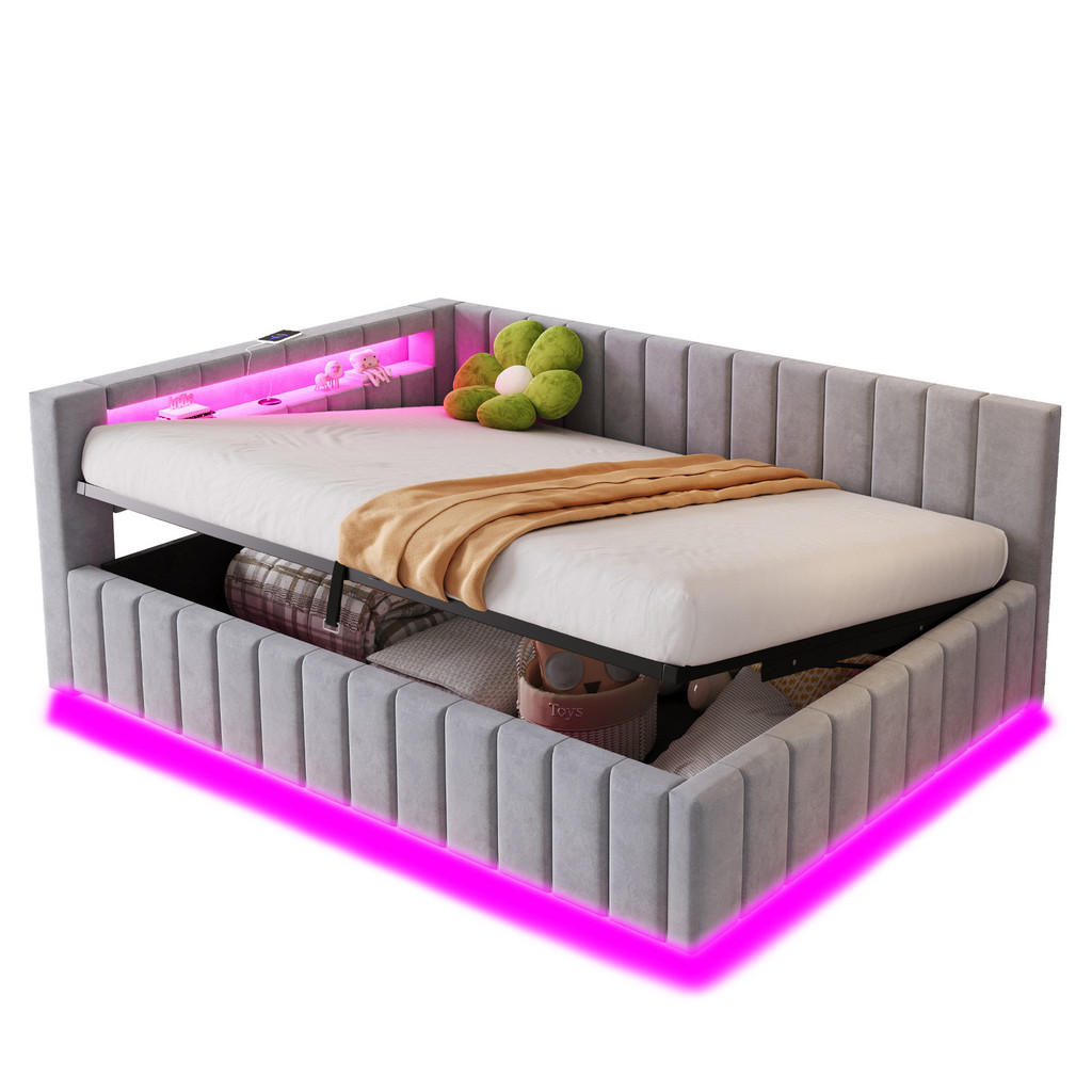 FLIEKS ČALOUNĚNÁ POSTEL, 140×200 cm, sametová, LED, USB, šedá
