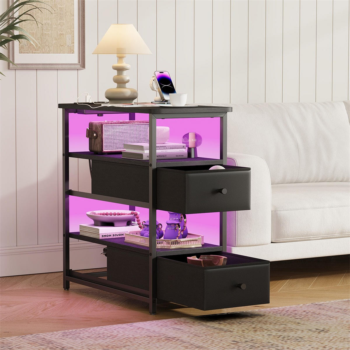 NACHTTISCH mit Ladestation & LED Beleuchtung - Schmaler Nachttisch mit offene Ablagen & 2 Schubladen - Schwarz - Schwarz, Holzwerkstoff (28/60.5/58cm) - DELFA