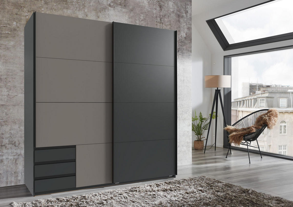 KLEIDERSCHRANK Emden in Graphit mit Saharagrau - Schwebetürenschrank Breite 179 cm ohne Spiegel - Grau, Holzwerkstoff (179/198/65cm)