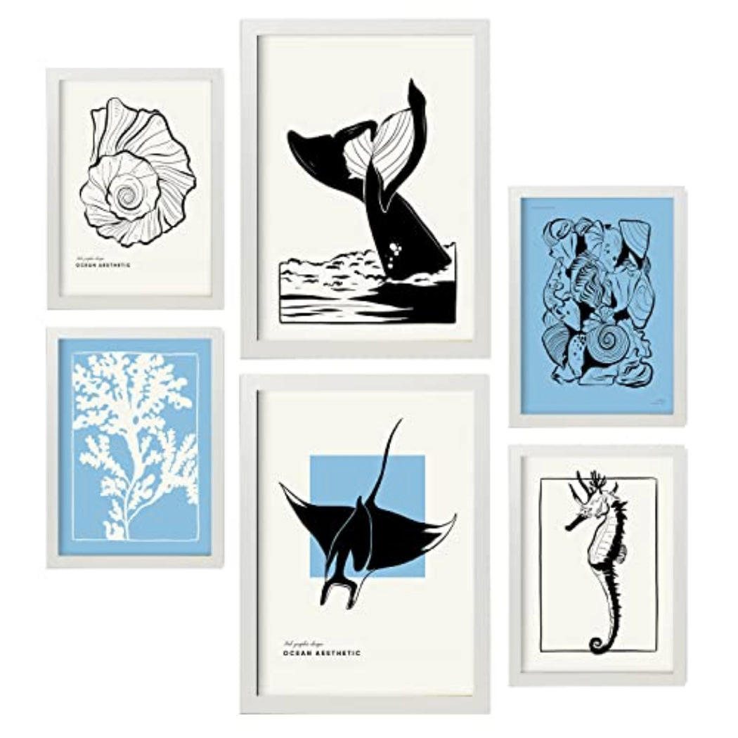 POSTER Set Mit 6 In Schwarzer Tinte Stachelrochen Und Wal Kunstdrucke Von Meer Und Ozean Für Innenarchitektur A3 & A4 Weißer Rahmen - Weiß, Papier (29/3cm) - Nacnic