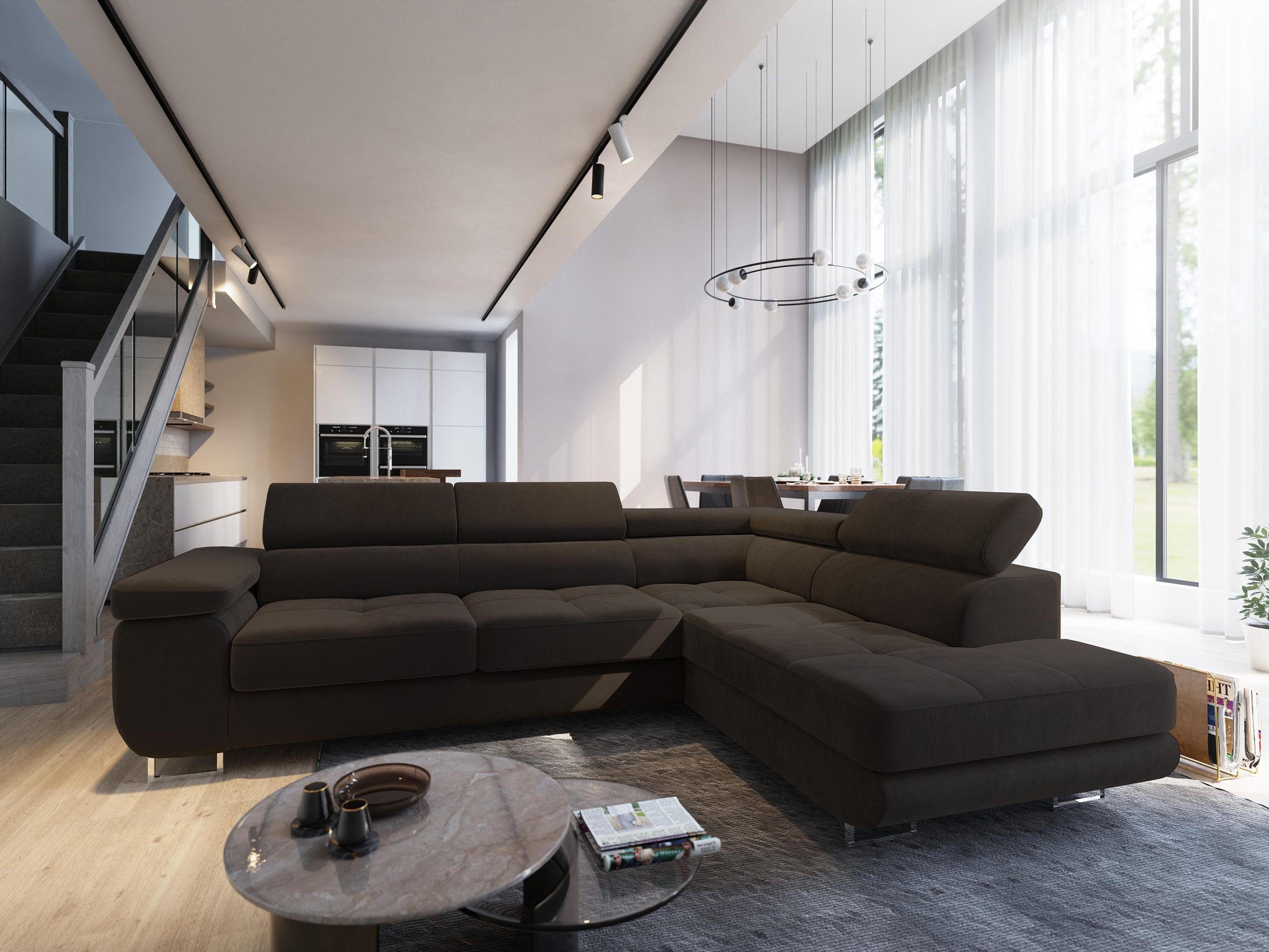 ECKSOFA SELVA R-S Braun Velours-Stoff mit Schlaffunktion - Braun, Holz (275/202cm) - MASSENO