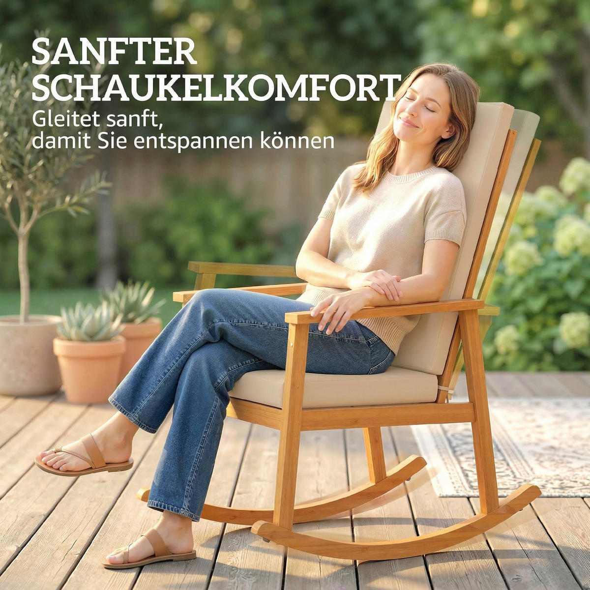SCHAUKELSTUHL DE-07060 hohe Rückenlehne, inkl. Kissen, Beige - Beige, Holz (60/107/89cm) - ComfortXL
