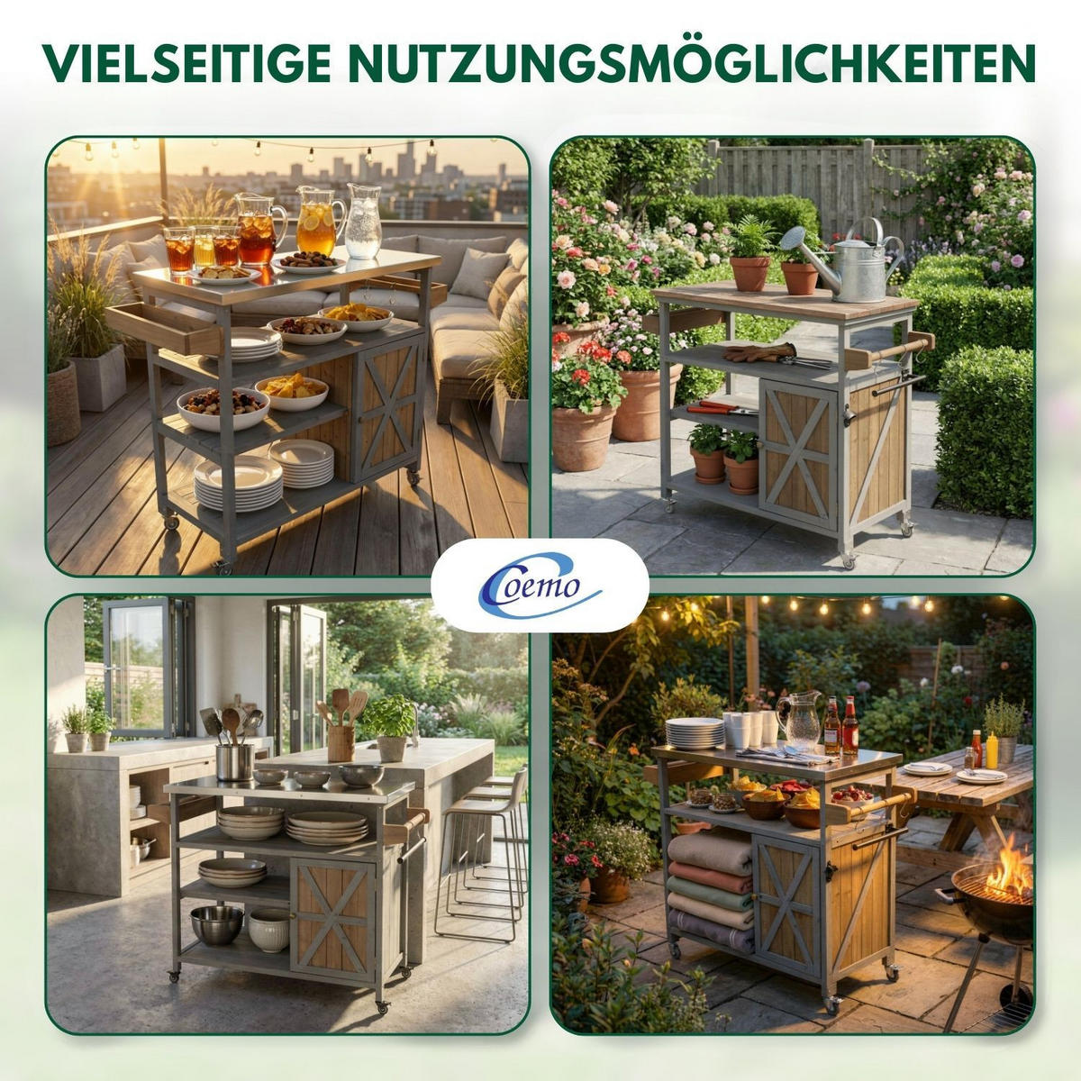 SERVIERWAGEN JAMES mit Rollen Outdoor 118/47/92 cm Farbe Grau - Grau, Holz (47/92/118cm) - Coemo