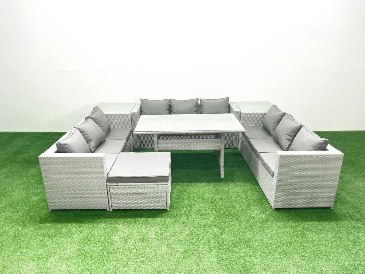 GARTENSET mit Esstisch,Sofa,2 Beistelltischen,Großer Fußhocker Polyrattan Hellgrau 10-Sitzer - Hellgrau/Grau, Glas/Kunststoff - Fimous
