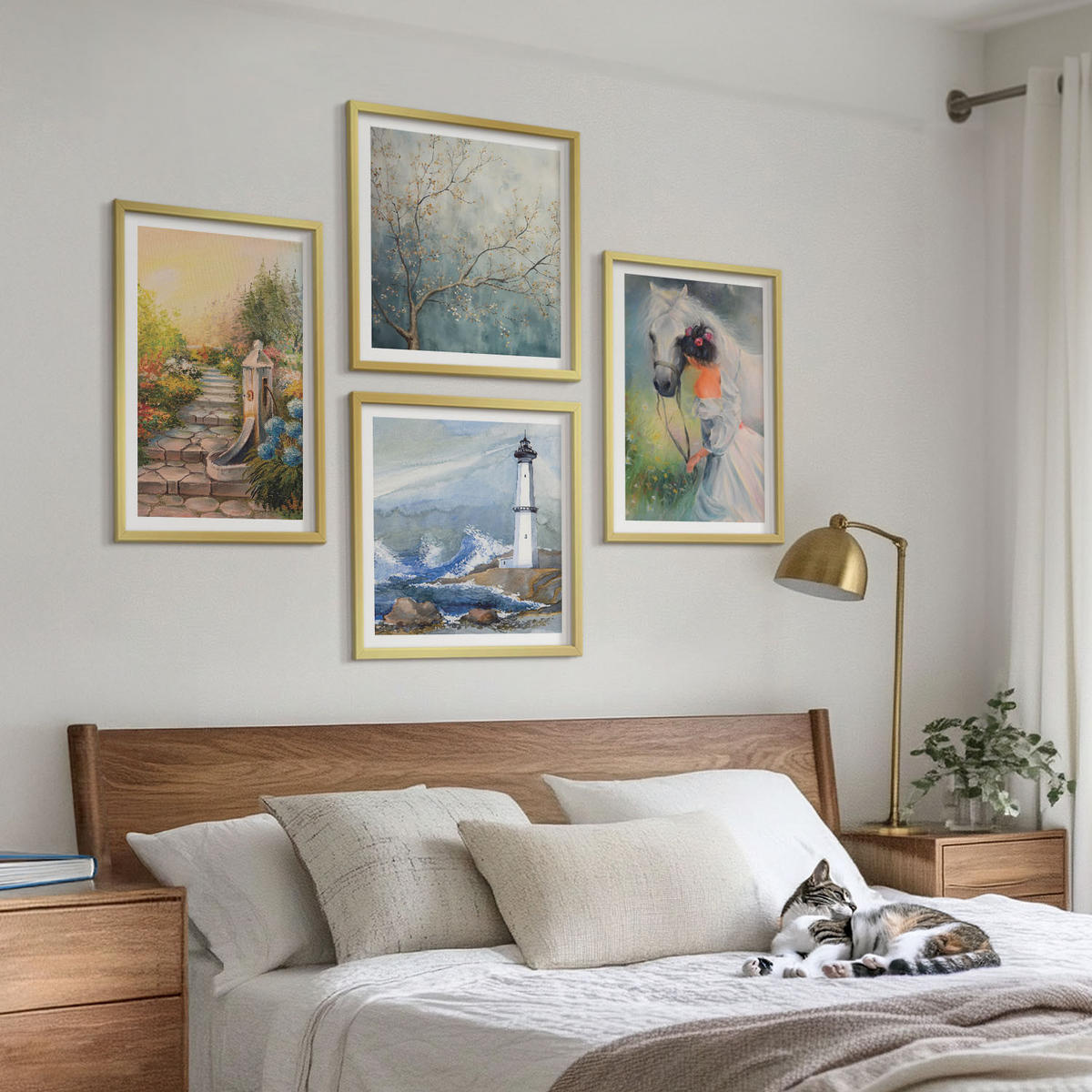 BILDER SET 4er Set - 50x50 cm & 40x60 cm Goldrahmen - Leuchtturm, Landschaft, Mädchen, Pferd - Goldfarben, Kunststoff (50/50cm) - TULUP