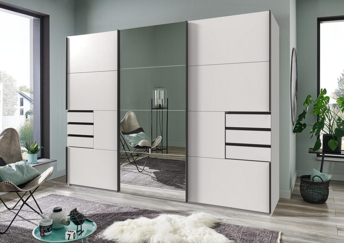 KLEIDERSCHRANK Saigon in Weiß und schwarzen Griffen mit einer Spiegel Türfront – Schwebetürenschrank 3 türig - 270 cm Breite - Weiß, Holzwerkstoff (80/200/120cm)