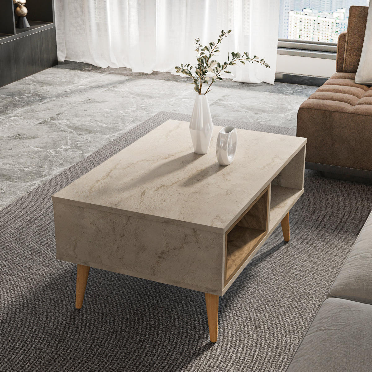 COUCHTISCH Oberon Travertin Walnuss - Beige, Holzwerkstoff (60/90/43cm) - Decorotika