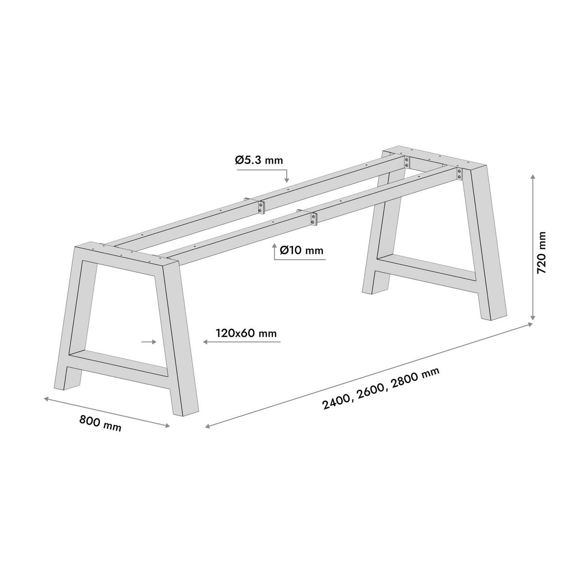TISCHBEINE Ksora Extreme Metall Schwarz 260/80/72 cm - Schwarz, Metall (80/72/260cm) - Metalo Pro