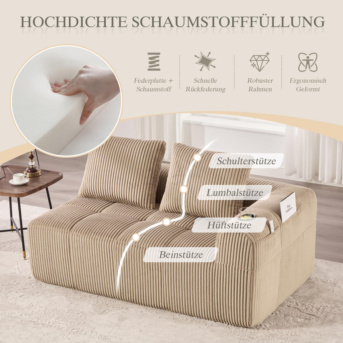 2-SITZER Sofa Khaki, Liegesessel Cord mit Getränkehalter, Stauraum, ohne Montage - Braun, Textil (158/61/93cm) - PARAFTA HOME