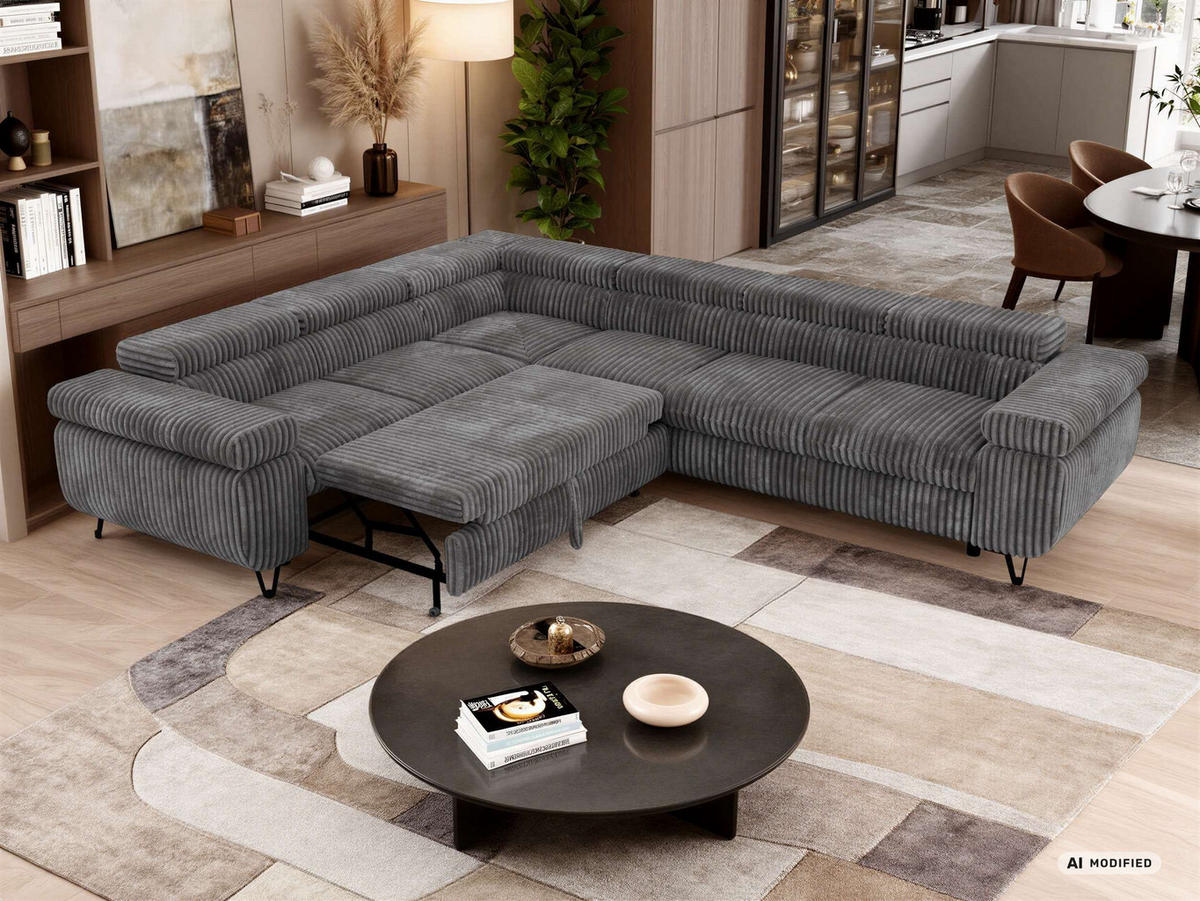 ECKSOFA NORDEN L - Grau Cord - Rechts Seite - Schwarz/Grau, Textil/Metall (329/269cm) - MKS