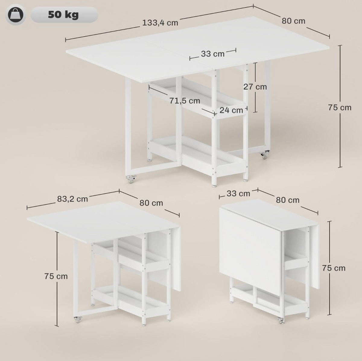 ESSTISCH klappbar mit offenen Fächern 133,4 x 80 x 75 cm Weiß - Weiß, Holz (133.4/80/75cm) - Meubliv