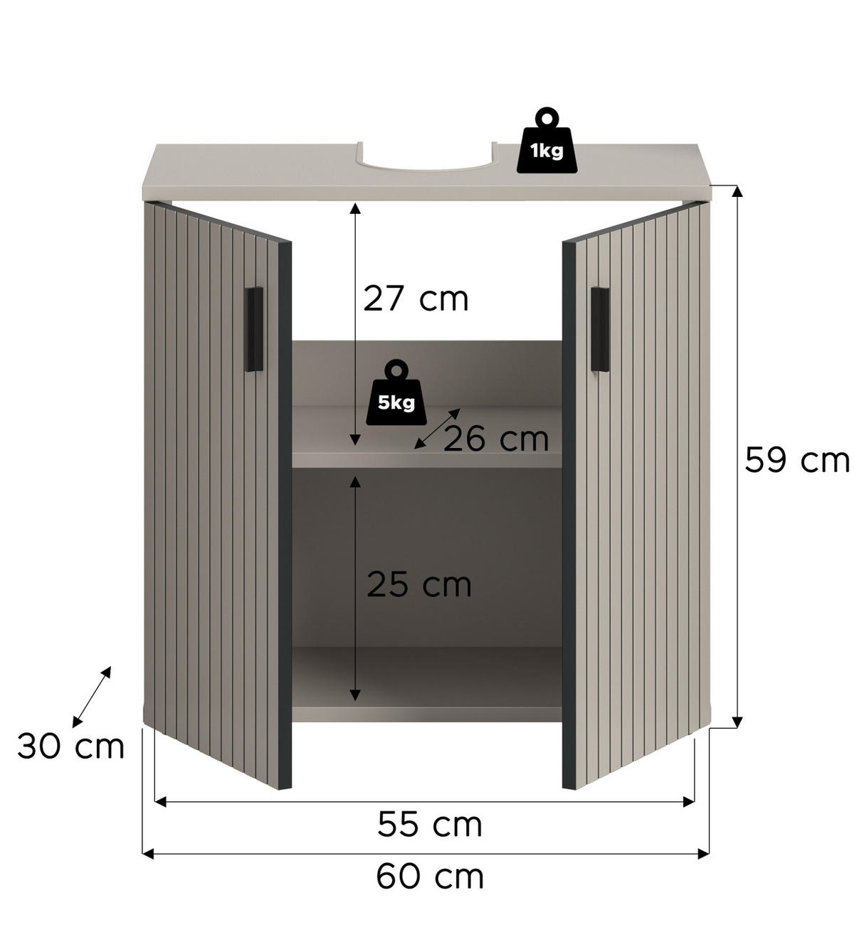 WASCHBECKENUNTERSCHRANK kaschmir 60 cm, Badezimmer Unterschrank 2-türig - Kaschmir/Schwarz, Holzwerkstoff/Kunststoff (60/59/30cm) - Inn.Furn