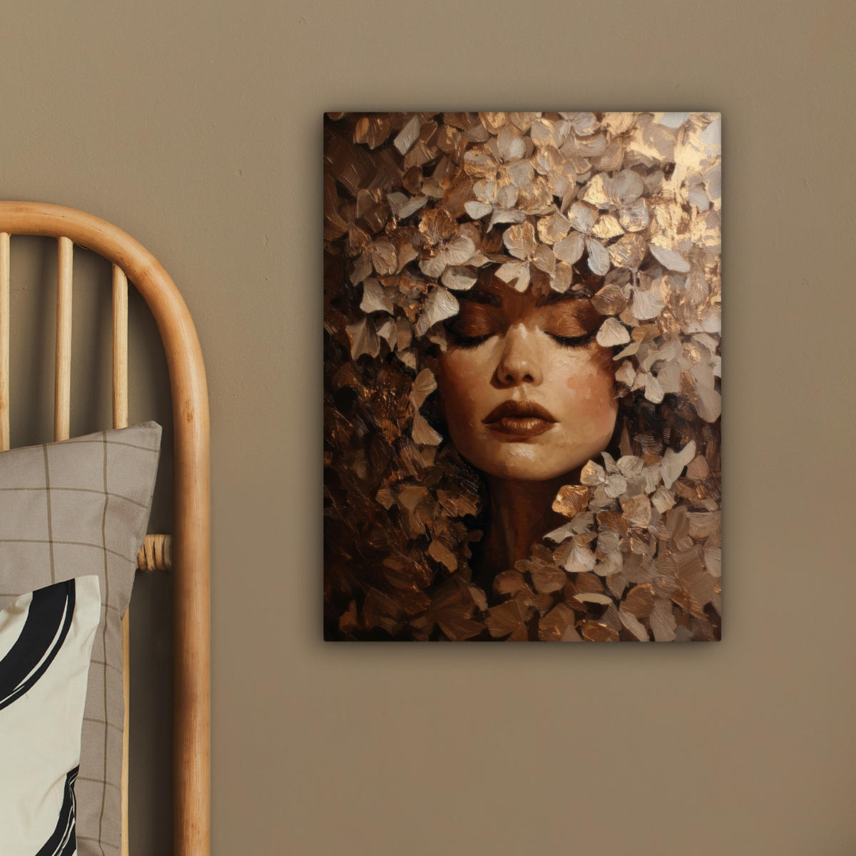 LEINWANDBILD Gesicht - Dame - Blätter - Pinselstriche Room Decor 30x40 cm - Goldfarben, Textil (30/40cm) - MuchoWow
