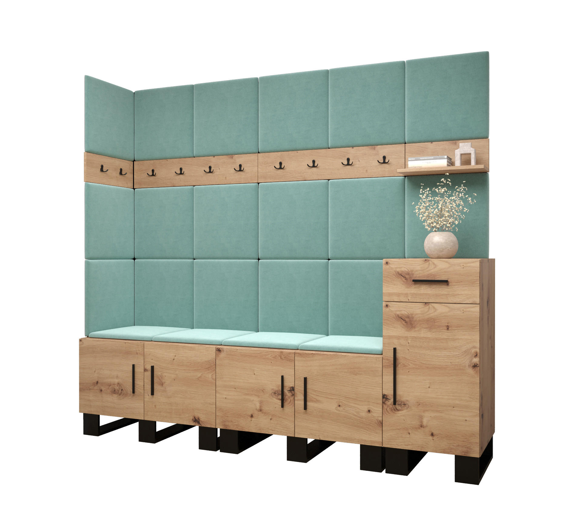 Abiks Möbel Garderoben-Set Eiche Artisan, Mintgrün 210x196x45.6 cm