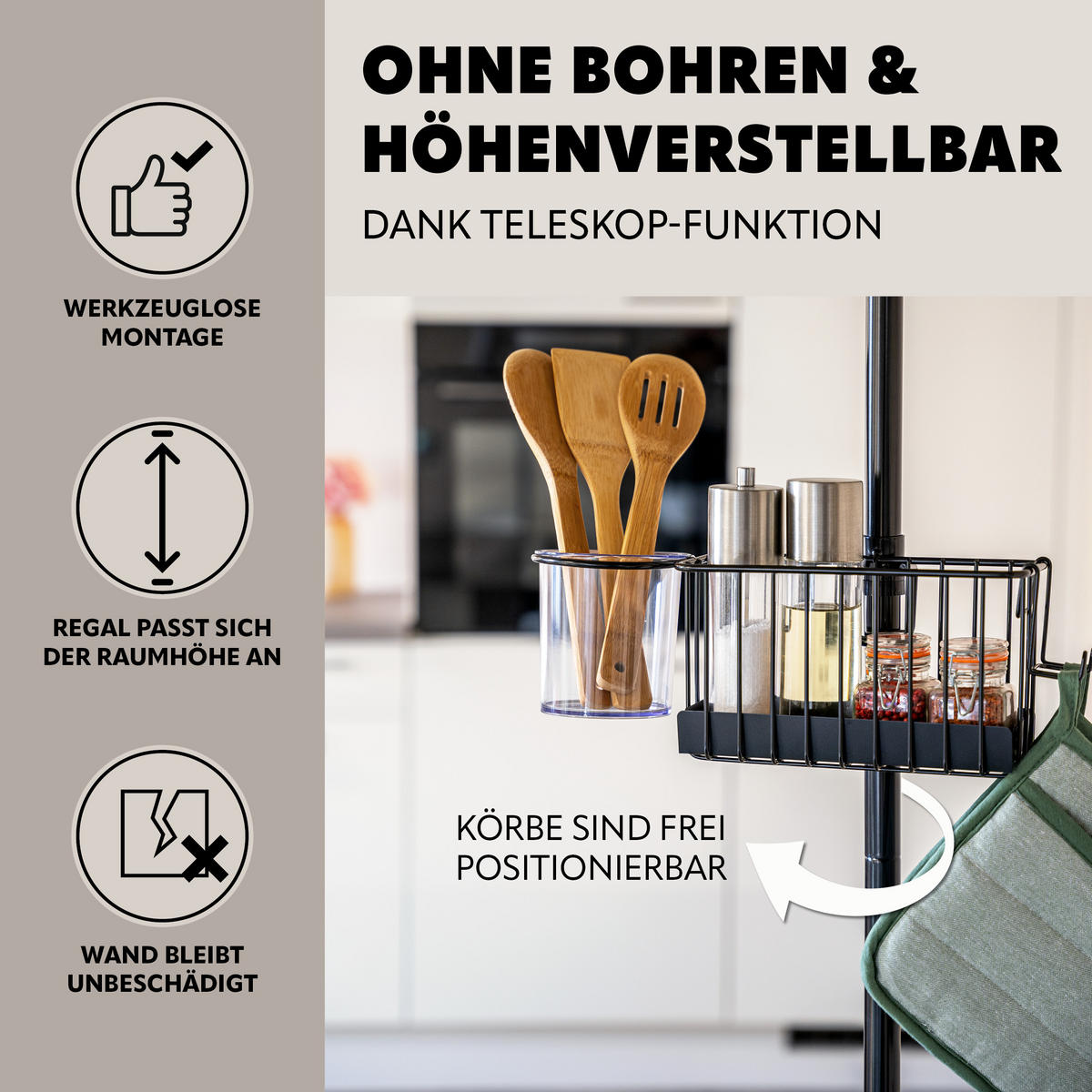 TELESKOP-KÜCHENREGAL, ausziehbar bis max. 290 cm, Metall, schwarz - Schwarz, Metall (34.5/290/34.5cm) - bremermann