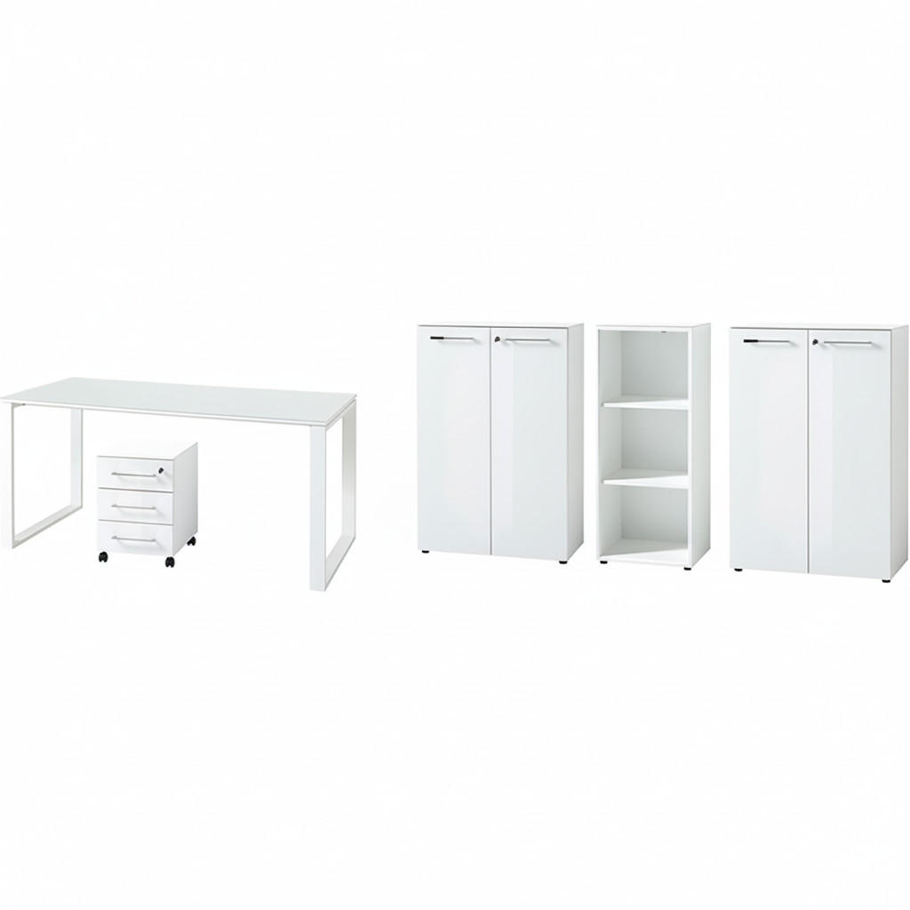 BÜRO-SET MUENCHEN 5-teilig weiß | Glasfront Abschließbar | Schreibtisch, Container, 2 Schränke, Regal - Weiß, Holzwerkstoff/Metall (415/120/80cm) - KADIMA DESIGN