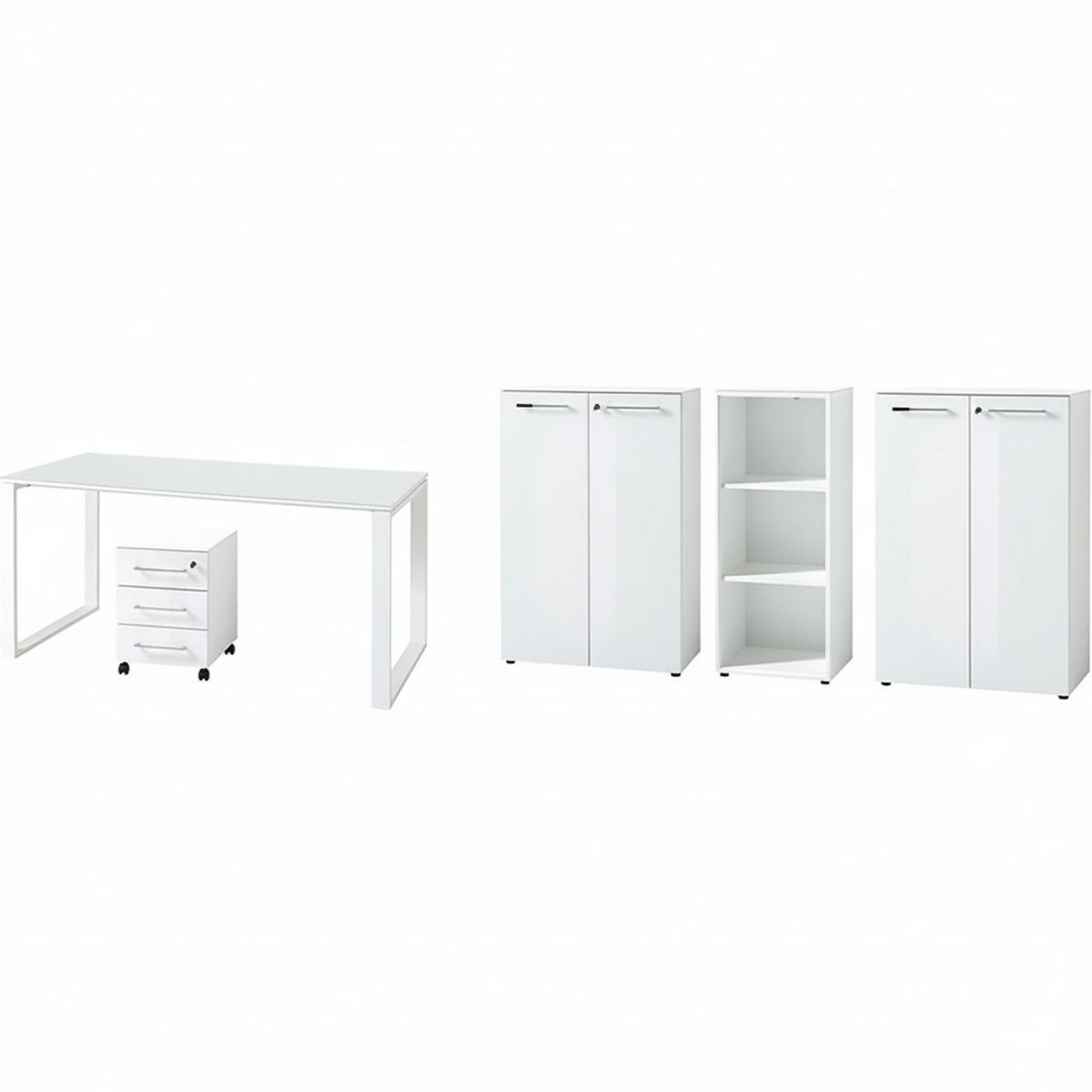 BÜRO-SET MUENCHEN 5-teilig weiß | Glasfront Abschließbar | Schreibtisch, Container, 2 Schränke, Regal - Weiß, Holzwerkstoff/Metall (415/120/80cm) - KADIMA DESIGN