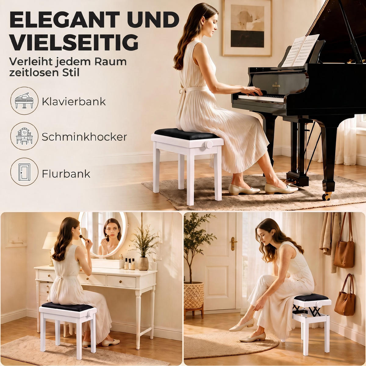 KLAVIERBANK Polyester Weiß - Schwarz/Weiß, Holz/Textil (33/56/61.5cm) - HOMCOM
