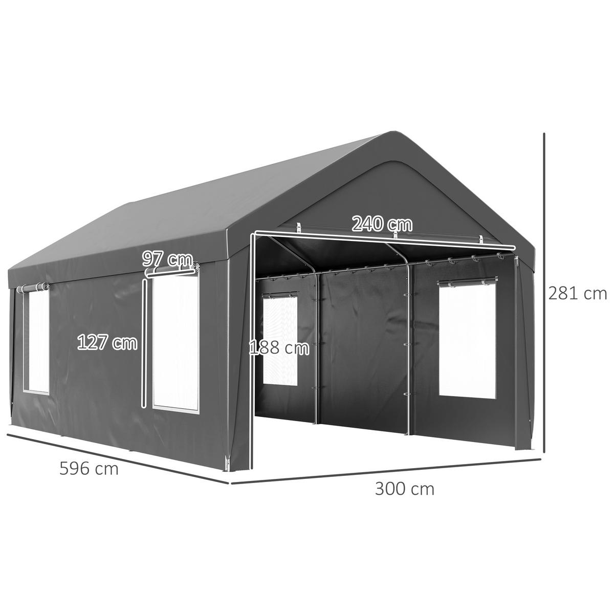CARPORT DE-12659 300/600 cm mit 2 Rolltüren und 4 Fenstern Dunkelgrau - Dunkelgrau, Kunststoff (303/280/600cm) - ComfortXL