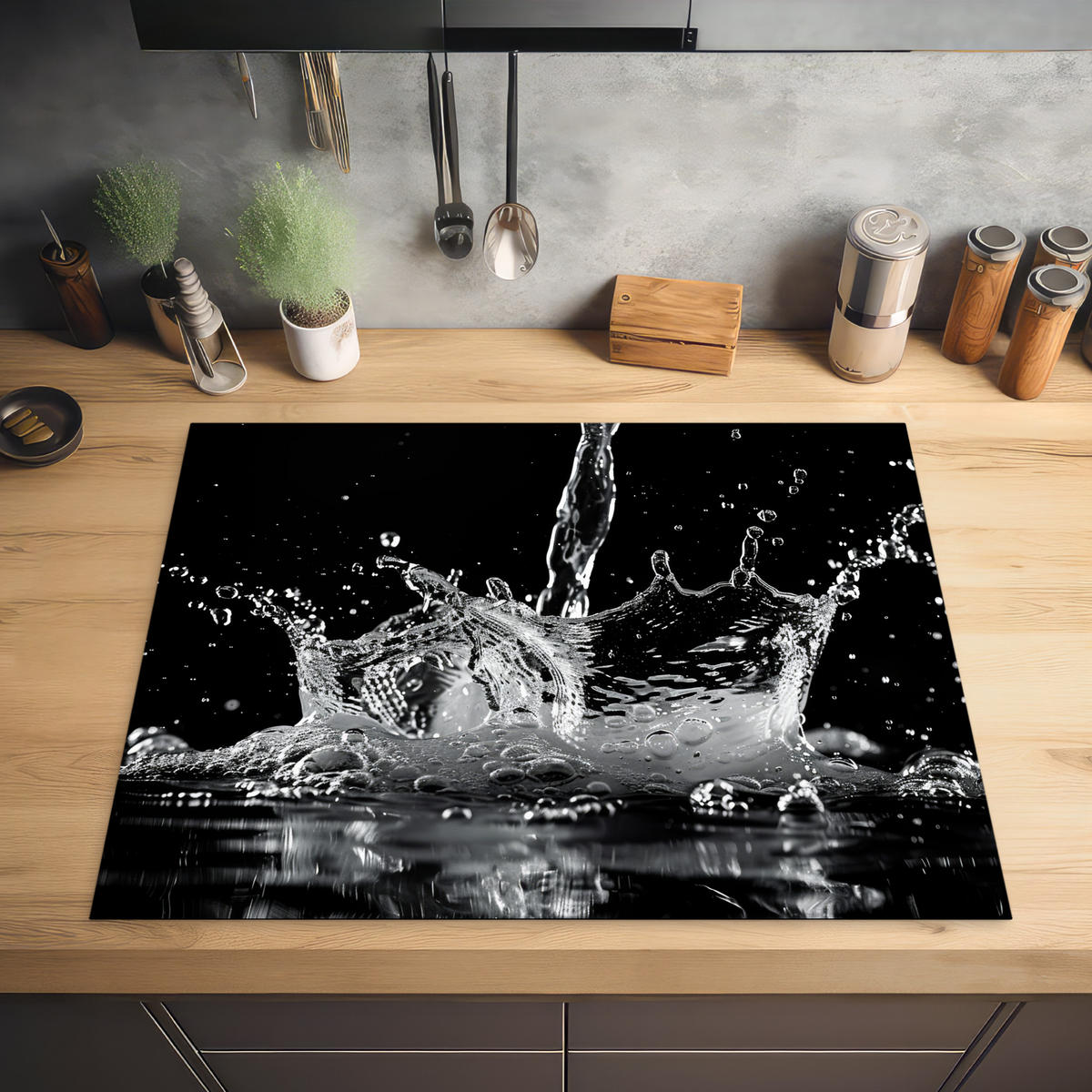 HERDABDECKPLATTE Wasser - Spritzwasser - Schwarz Induktionsmatte 77x59 cm - Schwarz, Kunststoff (77/59/0.2cm) - MuchoWow