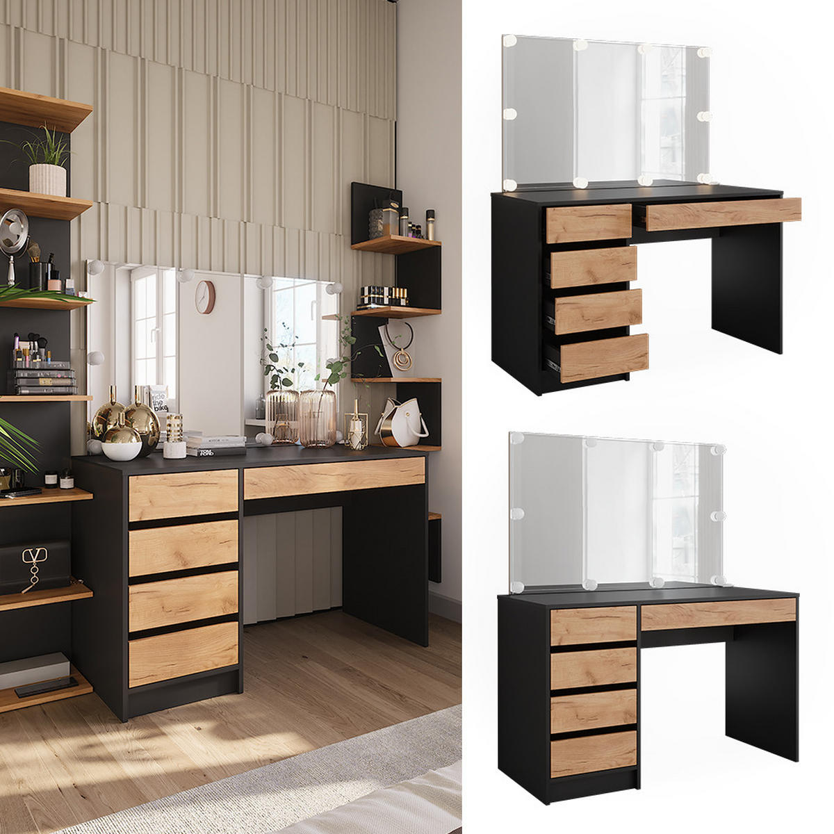 SCHMINKTISCH Sherry Anthrazit/Goldkraft Eiche 120 x 75 cm mit Spiegel & LED-Beleuchtung - Honigeiche/Anthrazit, Holzwerkstoff (120/75/55cm) - Vicco