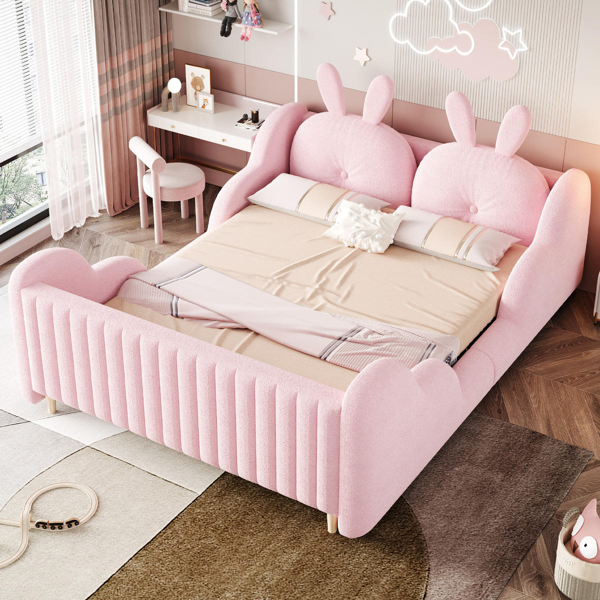 POLSTERBETT 140/200 cm in Rosa Teddyplüsch mit Hasenkissen - Rosa, Holzwerkstoff/Textil (140/200cm) - WISHDOR