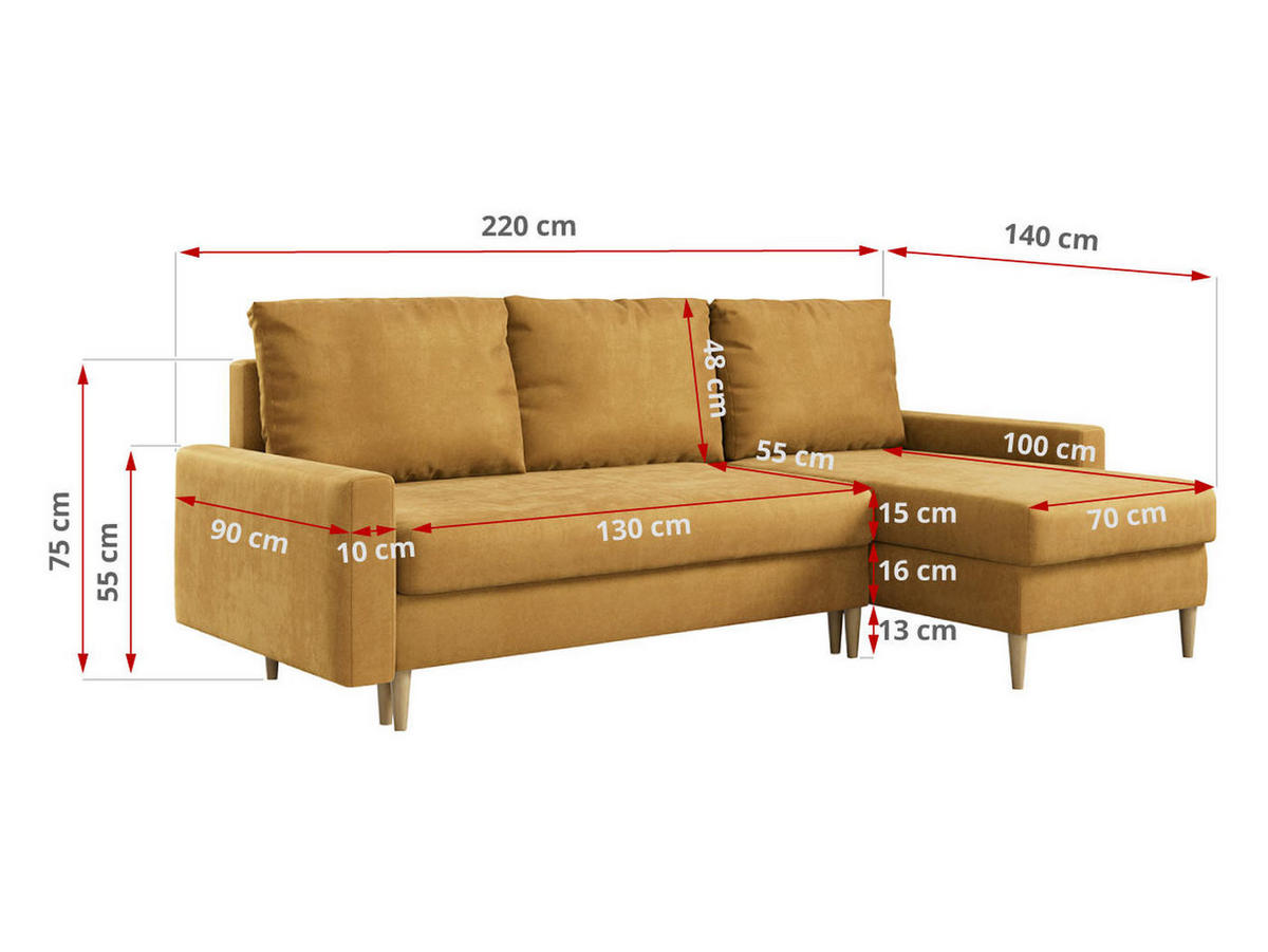 ECKSOFA Lang Velvet Gelb - Gelb/Braun, Holz/Textil (220/140cm) - MKS