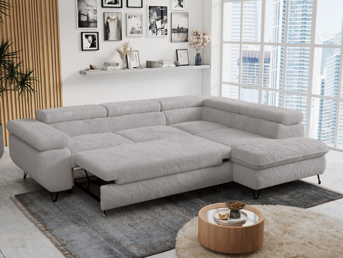 ECKSOFA PETER L Hellgrau Plüsch - Rechts Seite - Hellgrau/Schwarz, Textil/Metall (273/208cm) - MKS