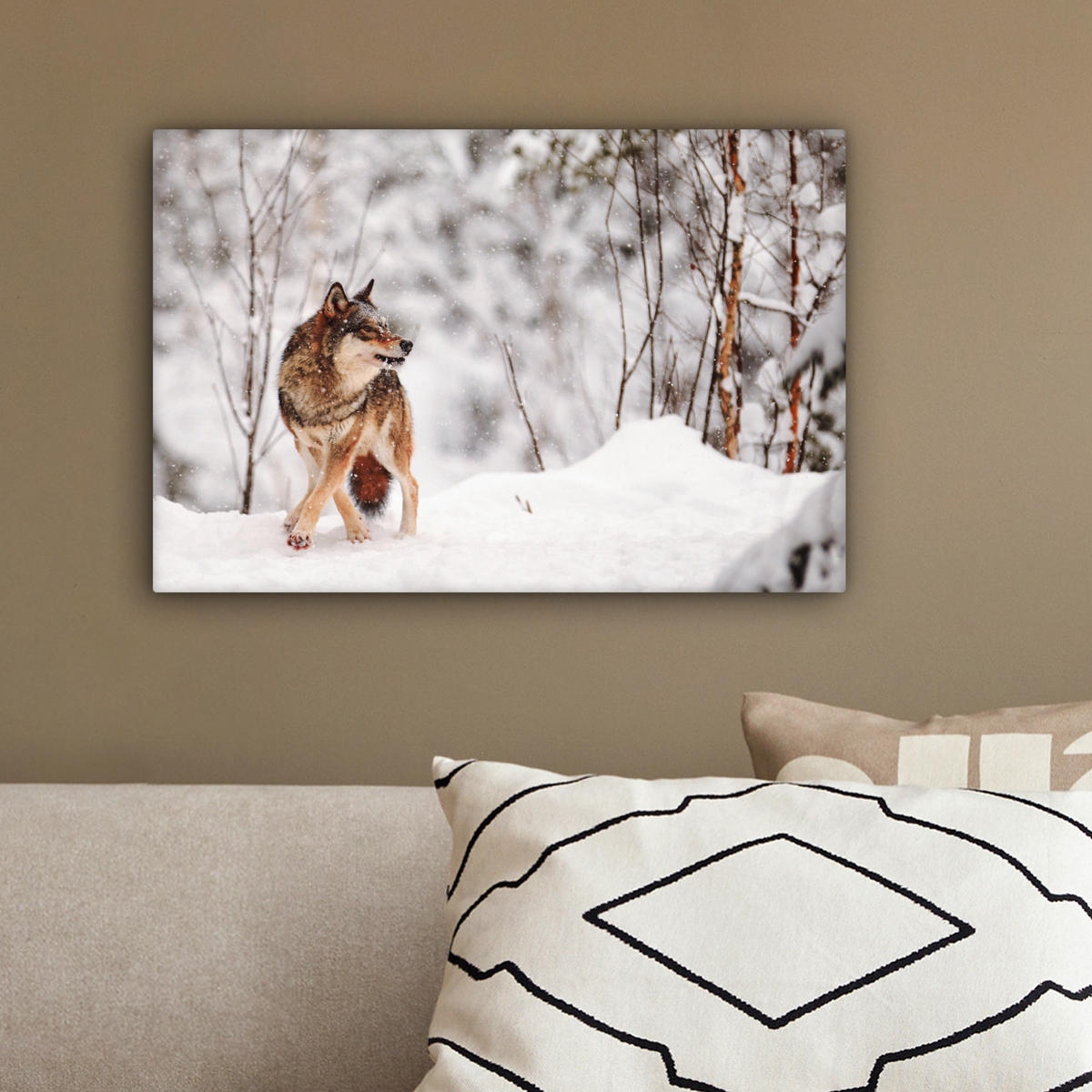 LEINWANDBILD Wolf - Winter - Schnee - Natur - Tiere 30x20 cm - Haselnussfarben, Textil (30/20cm) - MuchoWow