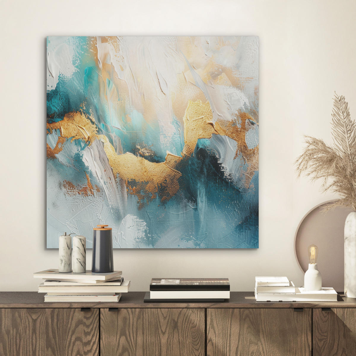 AKUSTIKBILD Abstrakt - Kunst - Gold - Blau Wandbilder 60x60 cm - Petrol, Kunststoff (60/60/0.9cm) - MuchoWow