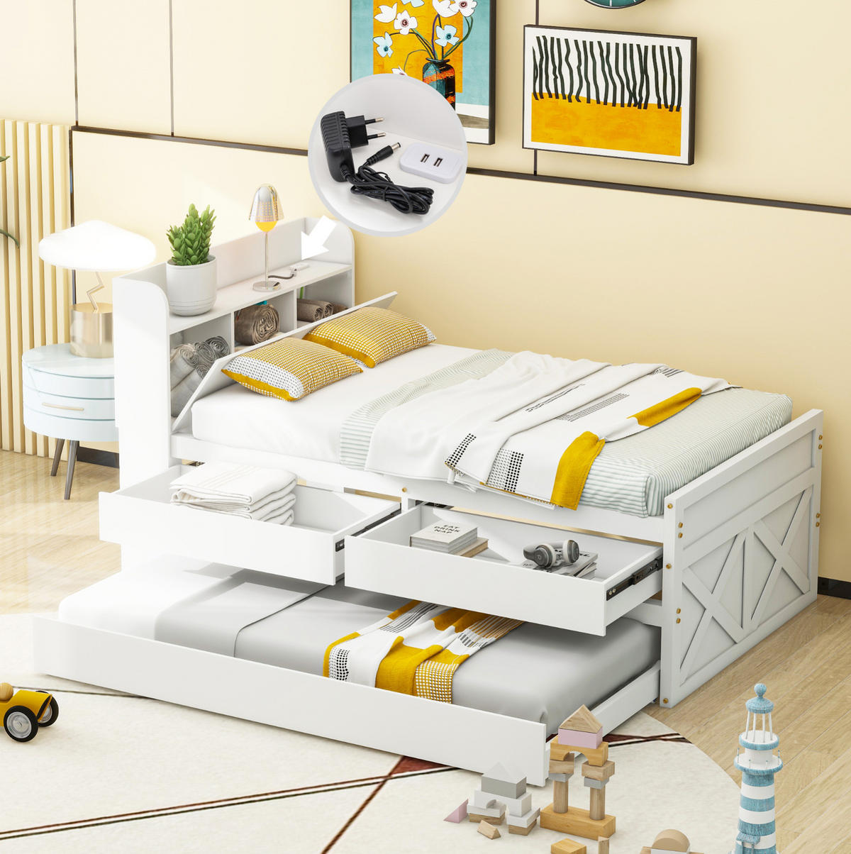 BETT aus 90x190 cm Weiß mit Ausziehbett, 2 Schubladen, Nachttisch mit USB-Anschluss - Weiß, Holzwerkstoff (90/200cm) - Modfu