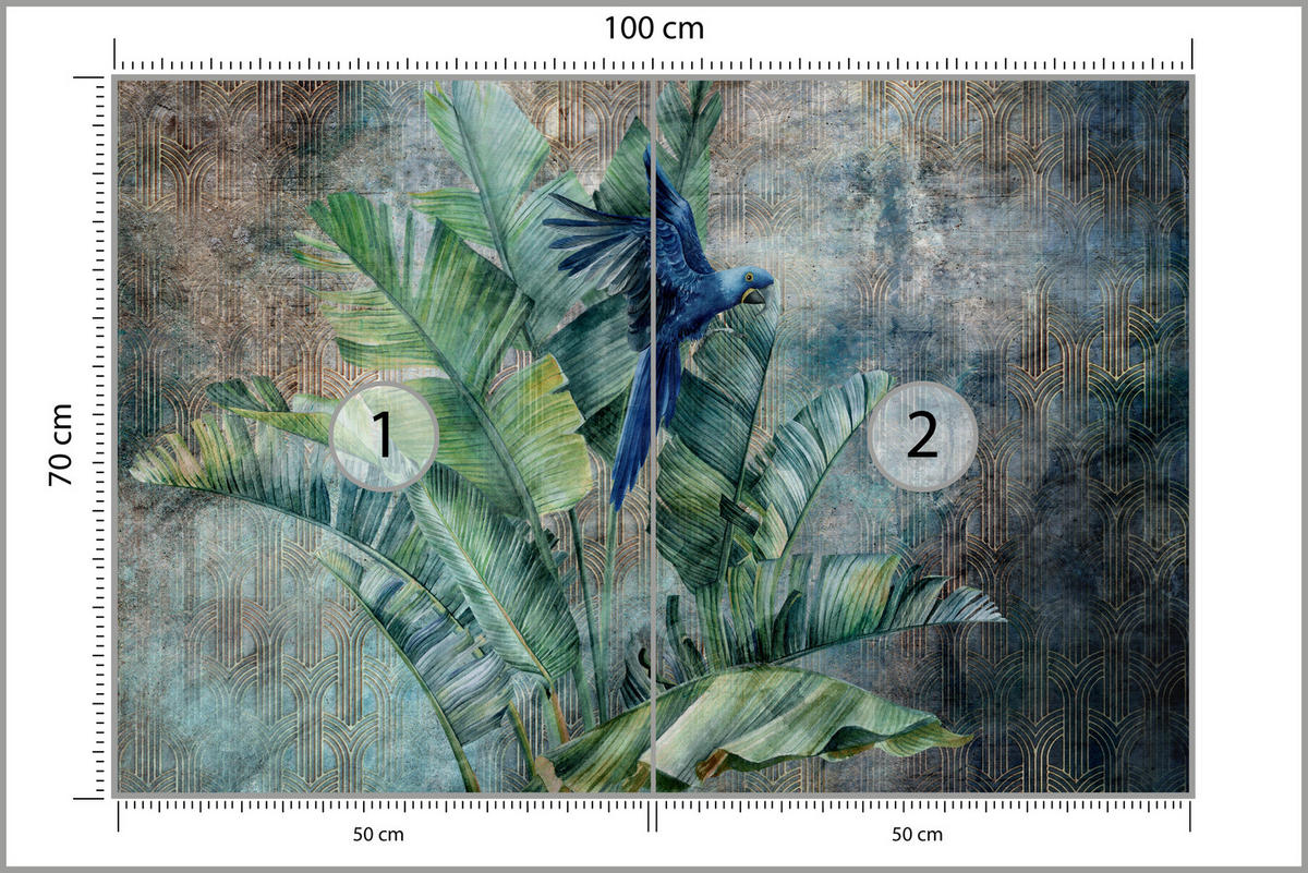 FOTOTAPETE für Wohnzimmer Retro Papuga Tropische Blätter 100x70 - Blau/Braun, Papier (100/70cm) - Muralo