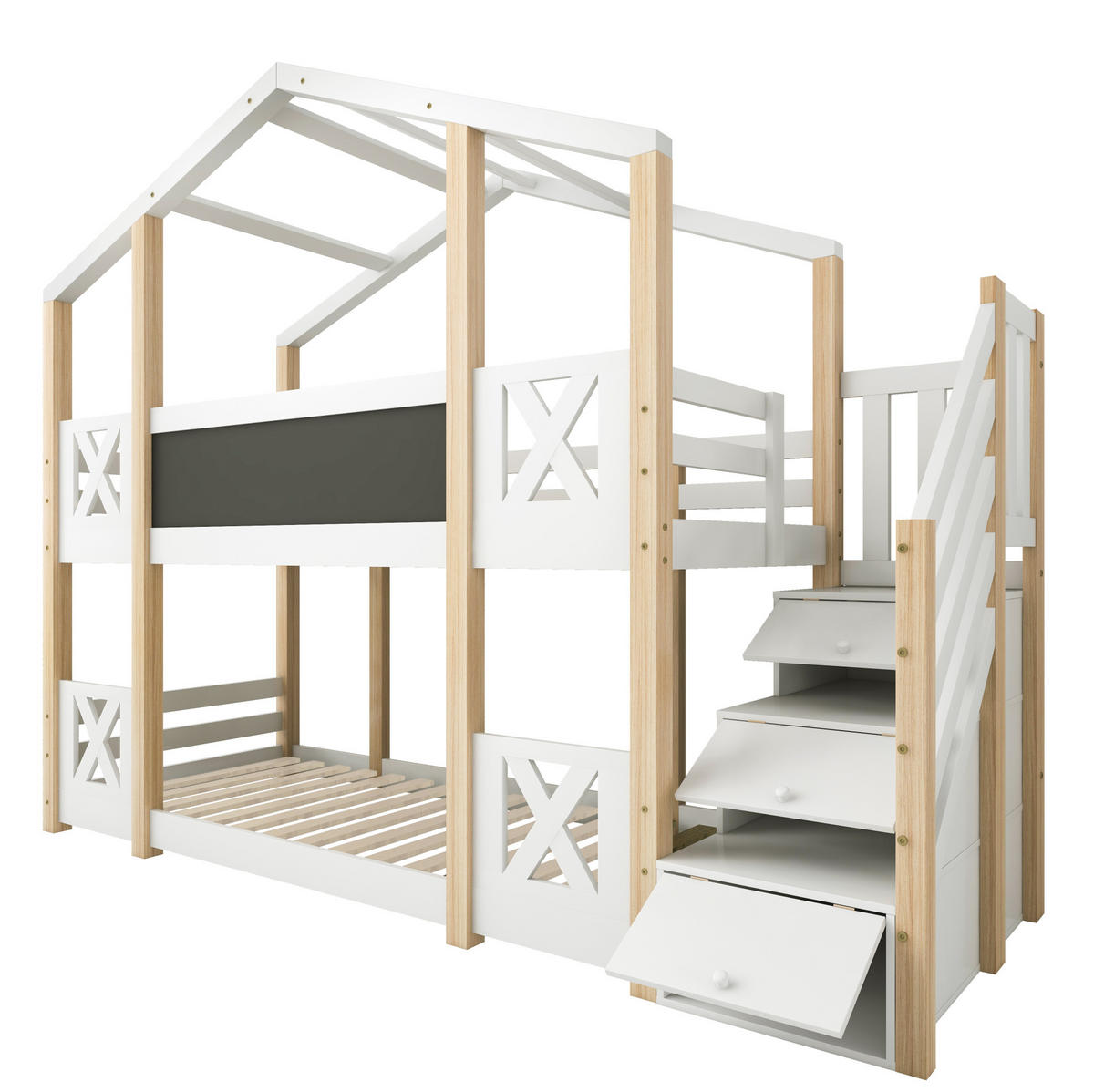 HAUSBETT 90/200 cm in Weiß/Natur mit Treppe, Stauraum und Tafel - Weiß, Holzwerkstoff (90/200cm) - BEAOK