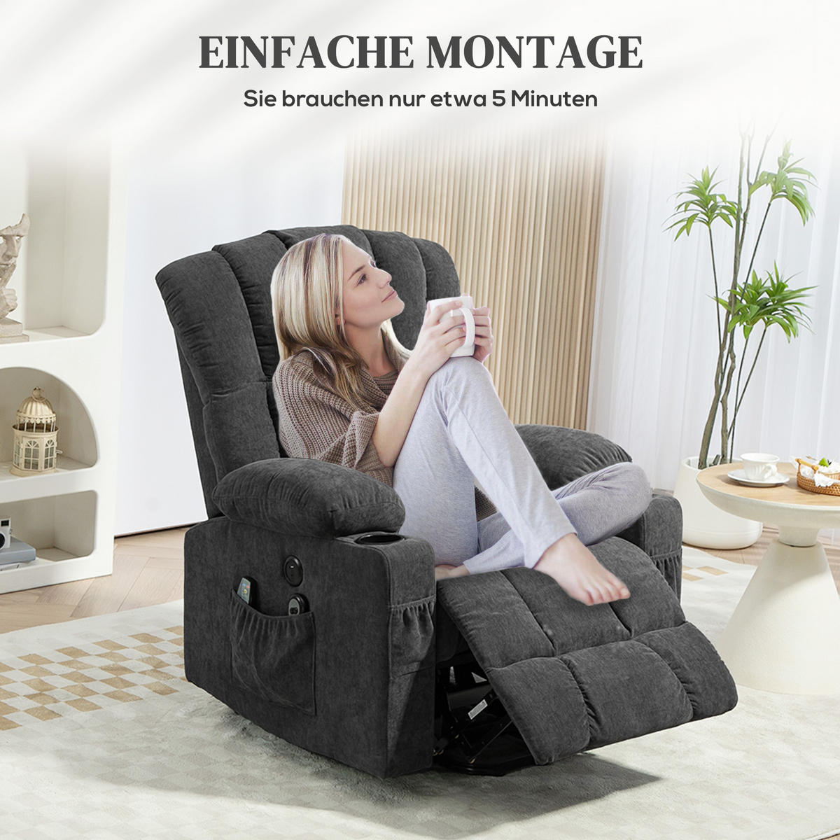 MASSAGESESSEL DE-06401 Massage & Wärme, 135° neigbar, USB Dunkelgrau - Dunkelgrau, Textil/Metall (91/110/93cm) - ComfortXL