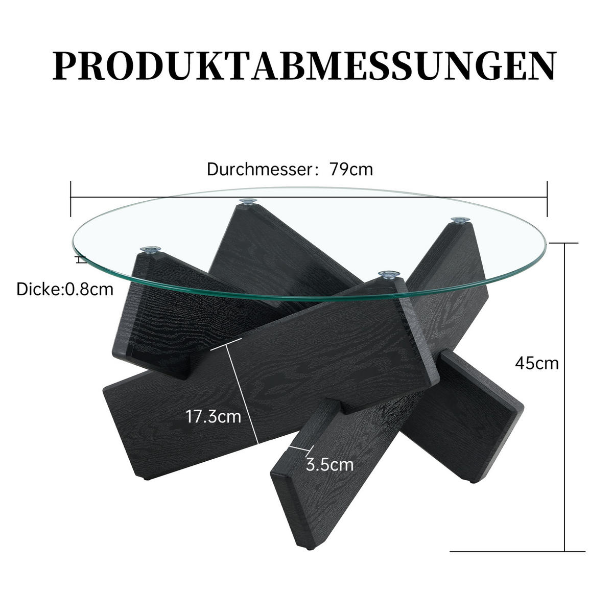 COUCHTISCH, MDF mit Holzmaserung & 0,8 cm gehärtetes Glas, kreuzförmige Stütze, 79/79/45 cm, schwarz/transparent - Schwarz, Holzwerkstoff (79/79/45cm) - Redom
