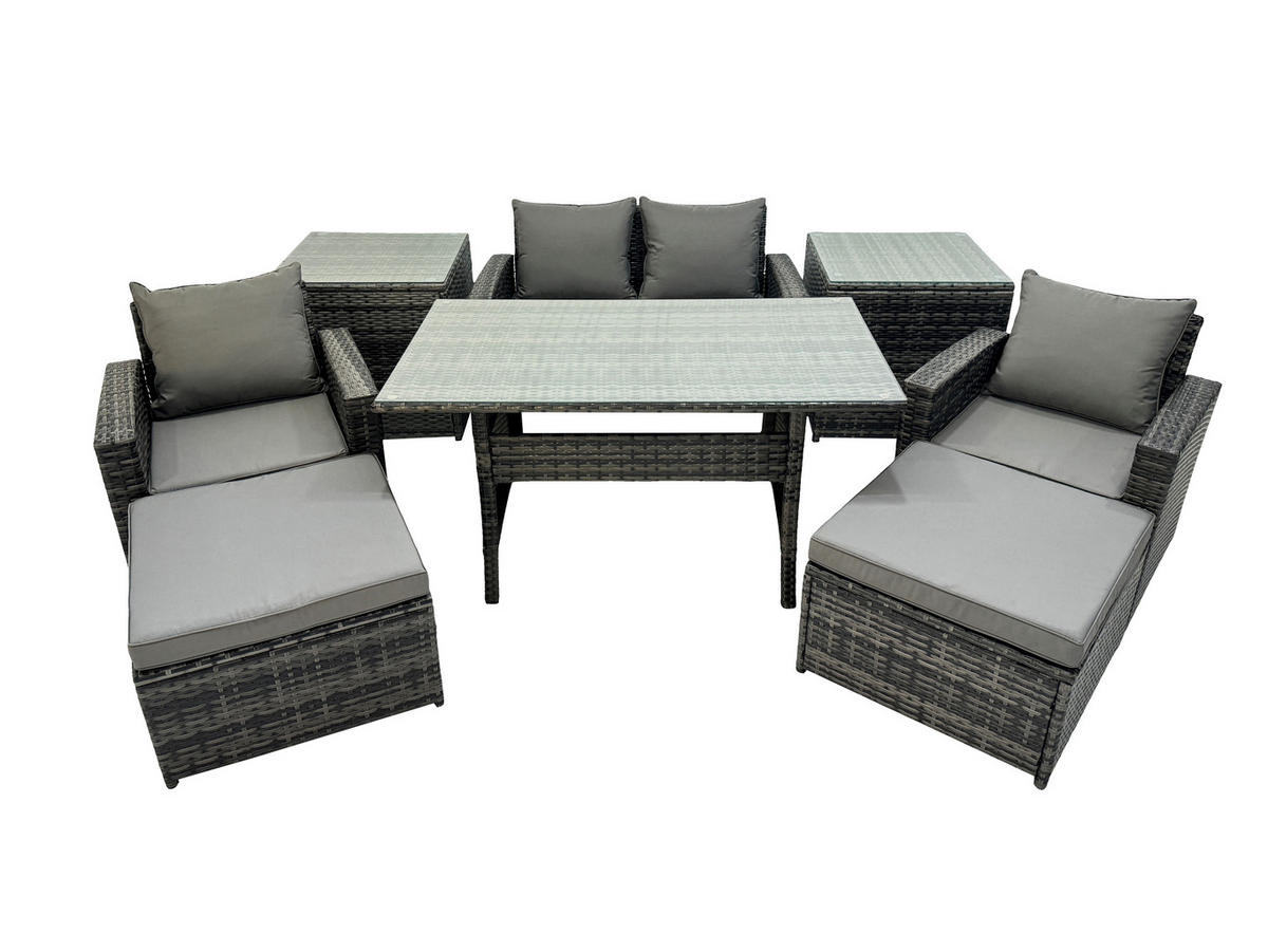 GARTENMÖBELSET mit 2 Sesseln,Zweisitzer,2 Hockern,Esstisch,2 Beistelltischen Polyrattan Dunkelgrau 6-Sitzer - Dunkelgrau/Grau, Glas/Kunststoff - Fimous