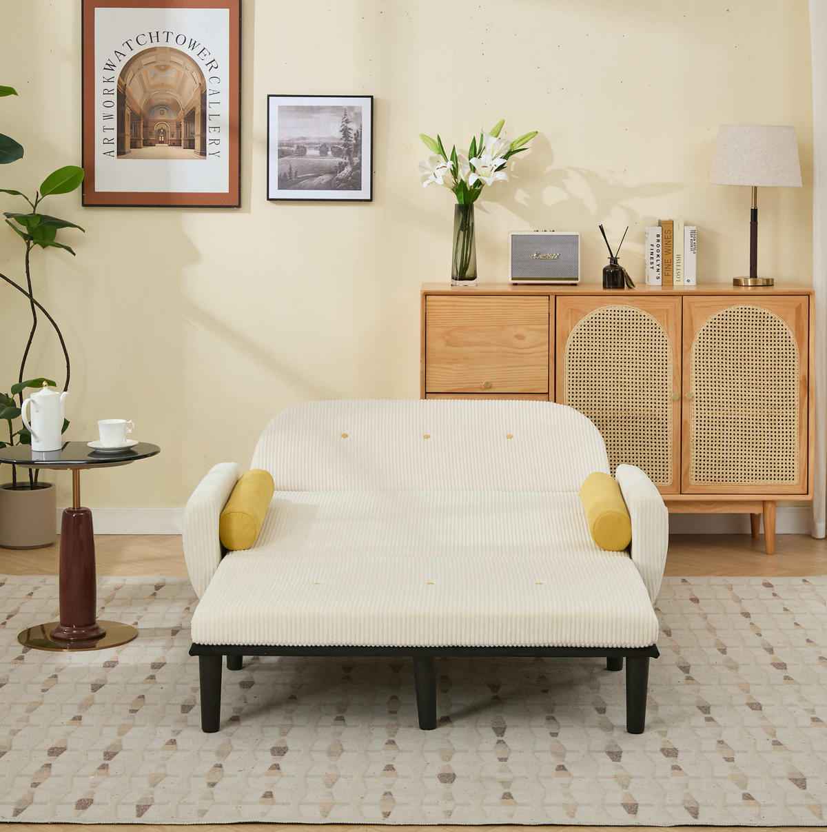 2-SITZER 133/77/85 cm elfenbeinfarben aus Cord mit verstellbarer Rückenlehne und 2 Kissen - Creme, Textil (77/85/133.5cm) - OKWISH