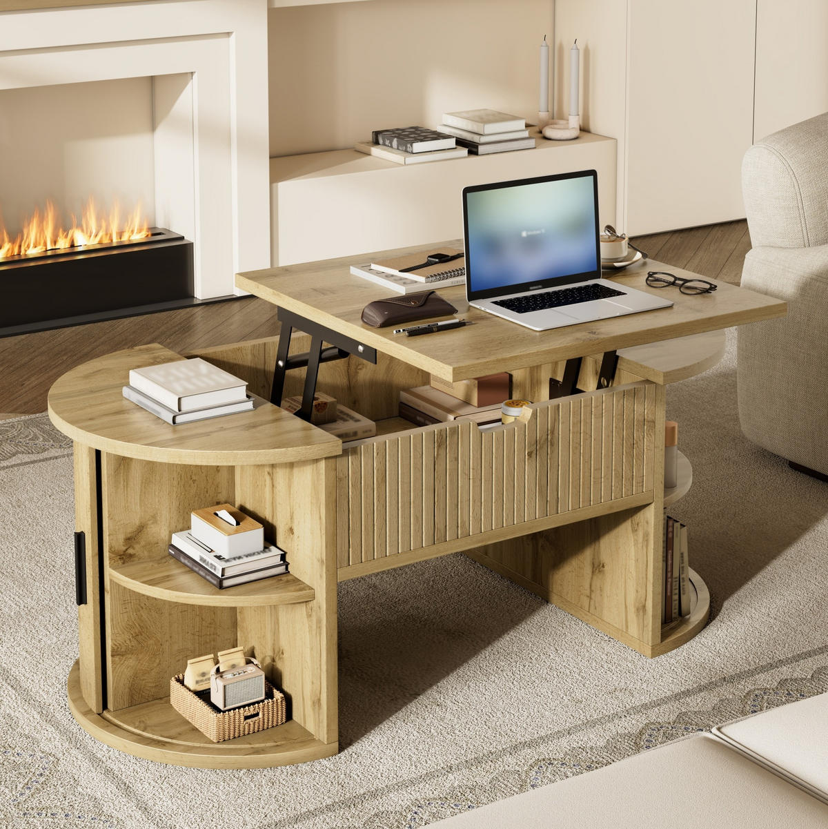COUCHTISCH 100/50/40,5 cm höhenverstellbar mit Schiebetüren und Stauraum - Eichefarben, Holzwerkstoff (100/50/40.5cm) - Flora Grace